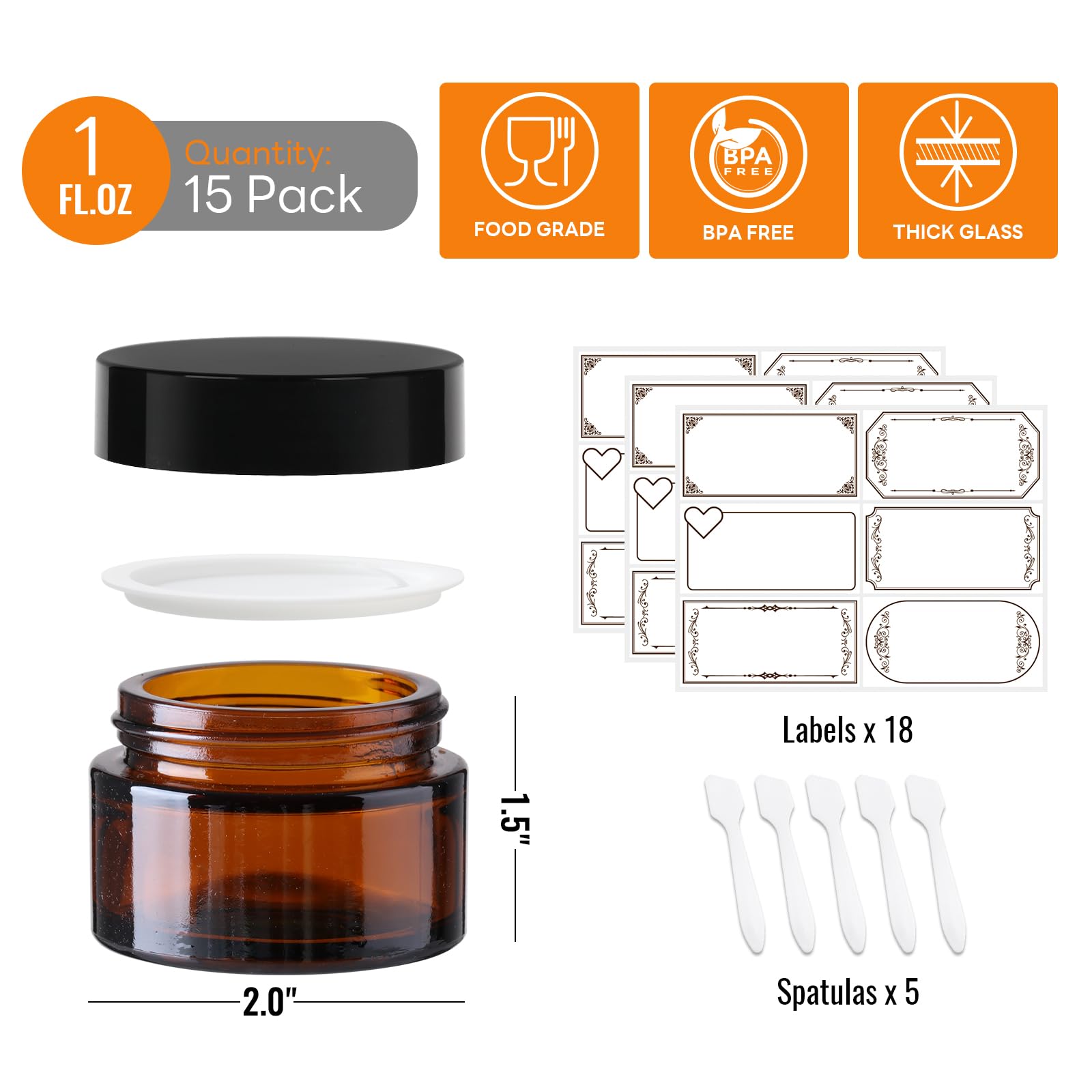 15 Pack 1 Oz Glass Jars With Lids, Amber Cosmetic Jars With Inner Liners And Black Lids, Lotion Jars, Candle Making Jars For Lot