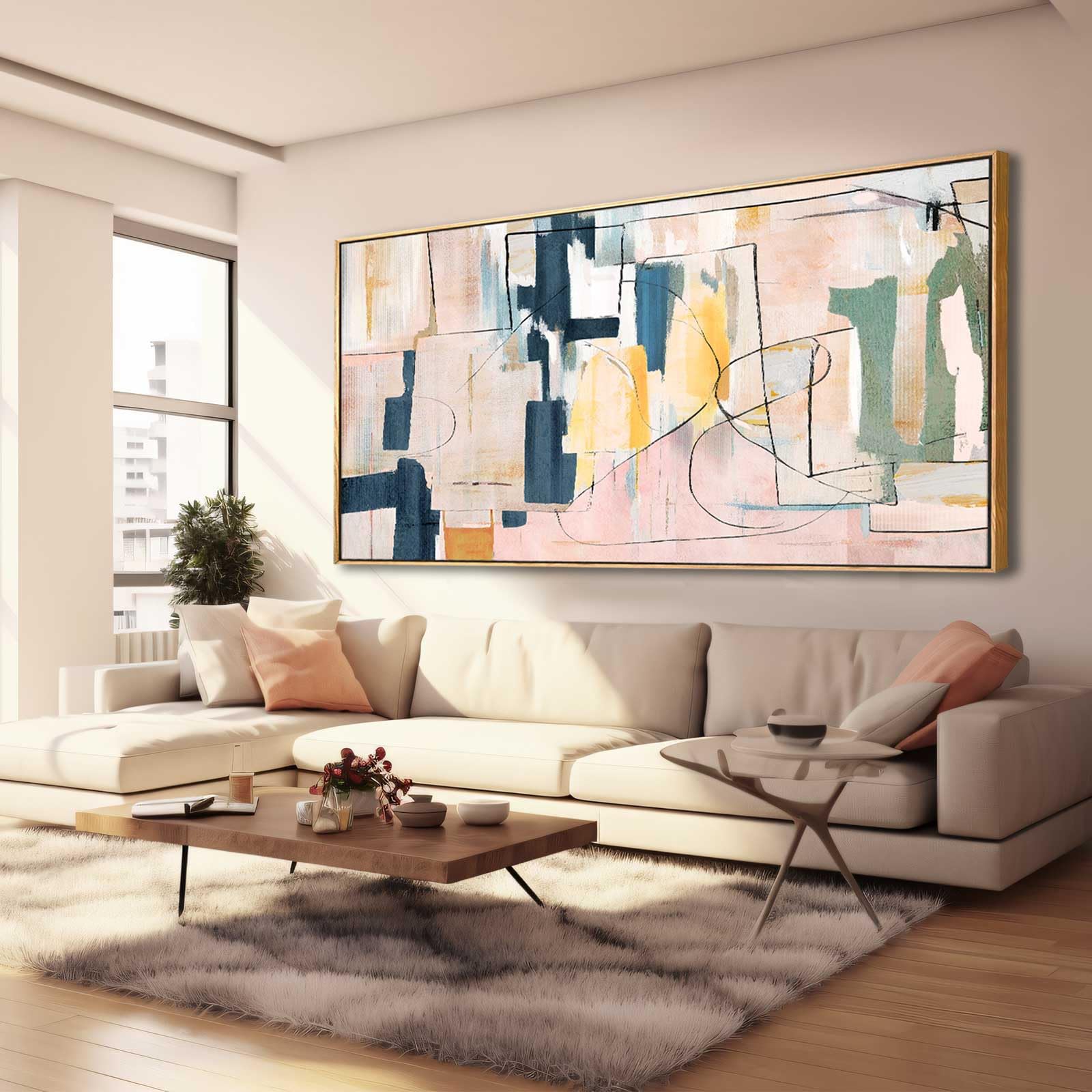 Pink Abstract Painting Large Wall Art Living Room Decor Blue Canvas Print Line Artwork Home Office Decoration 30X60 Inch