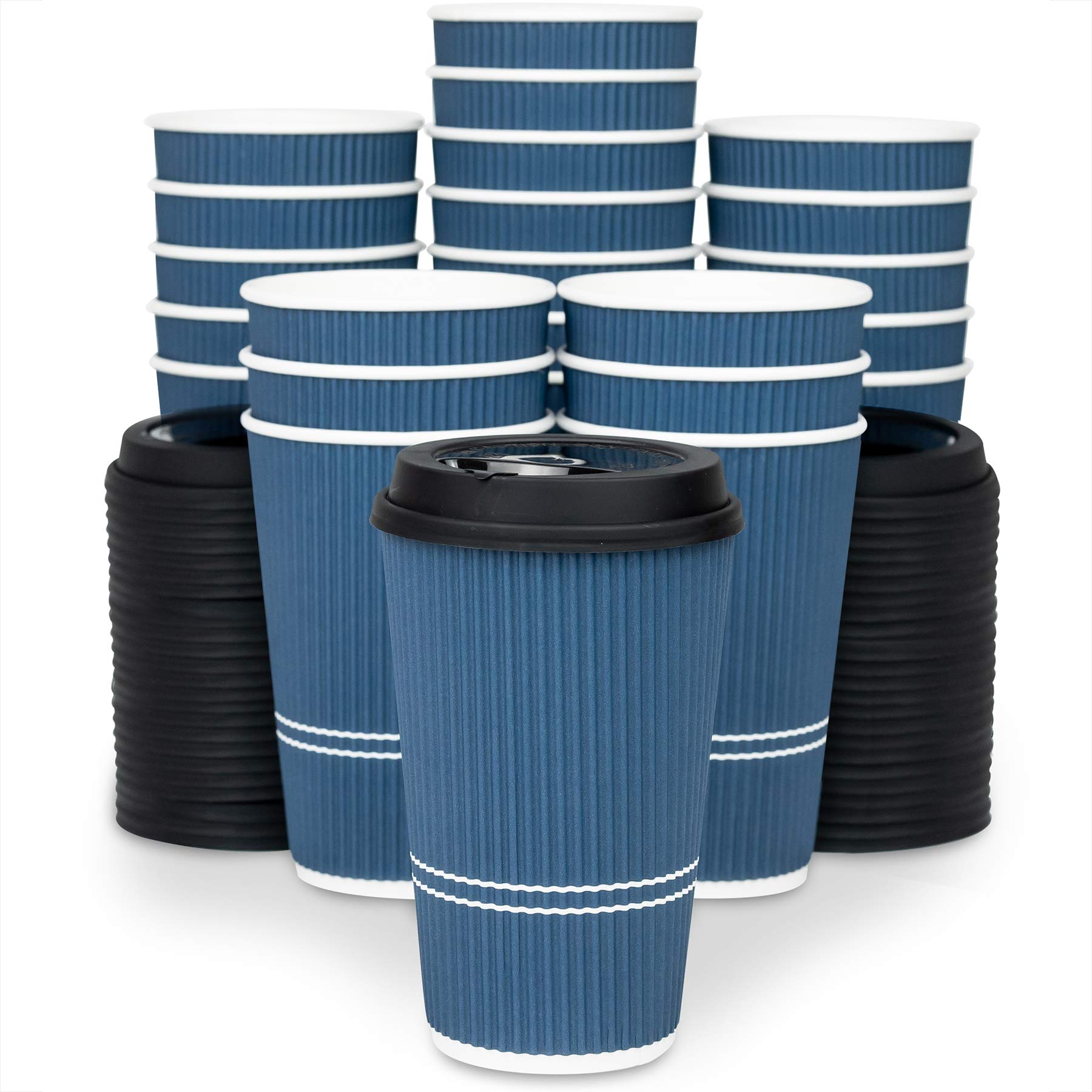 Glowcoast Disposable Coffee Cups With Lids - 16 oz To Go Coffee Cup (70 Set). Large Travel Cups Hold Shape With Hot and Cold Drinks  No Leaks! Insulated Ripple Cups Protect Hands  No Sleeves needed!