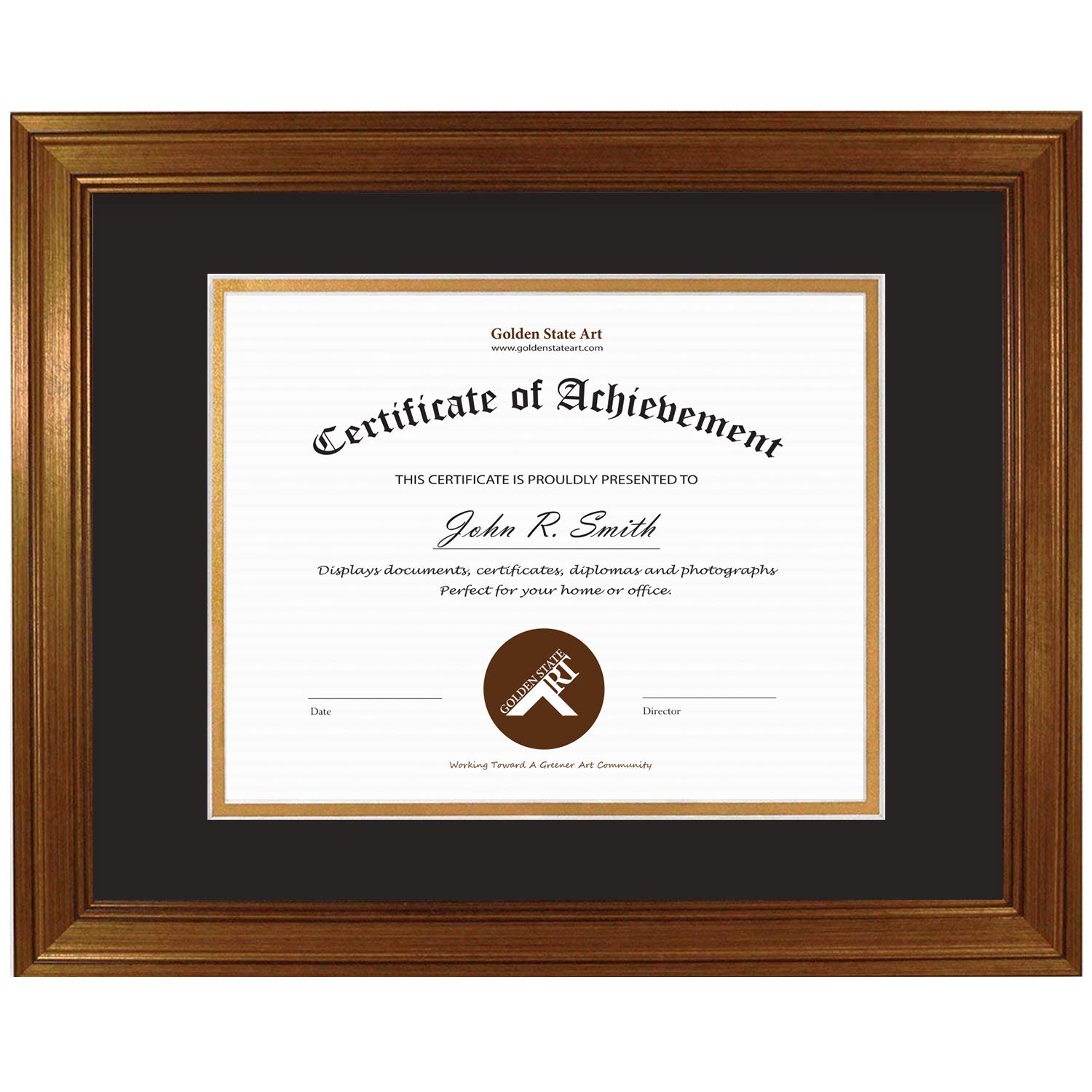 Golden State Art, 11x14 Frame for 8x10 Diploma/Certificate, Dark Gold Color. Includes Black Over Gold Double Mat and Real Glass 