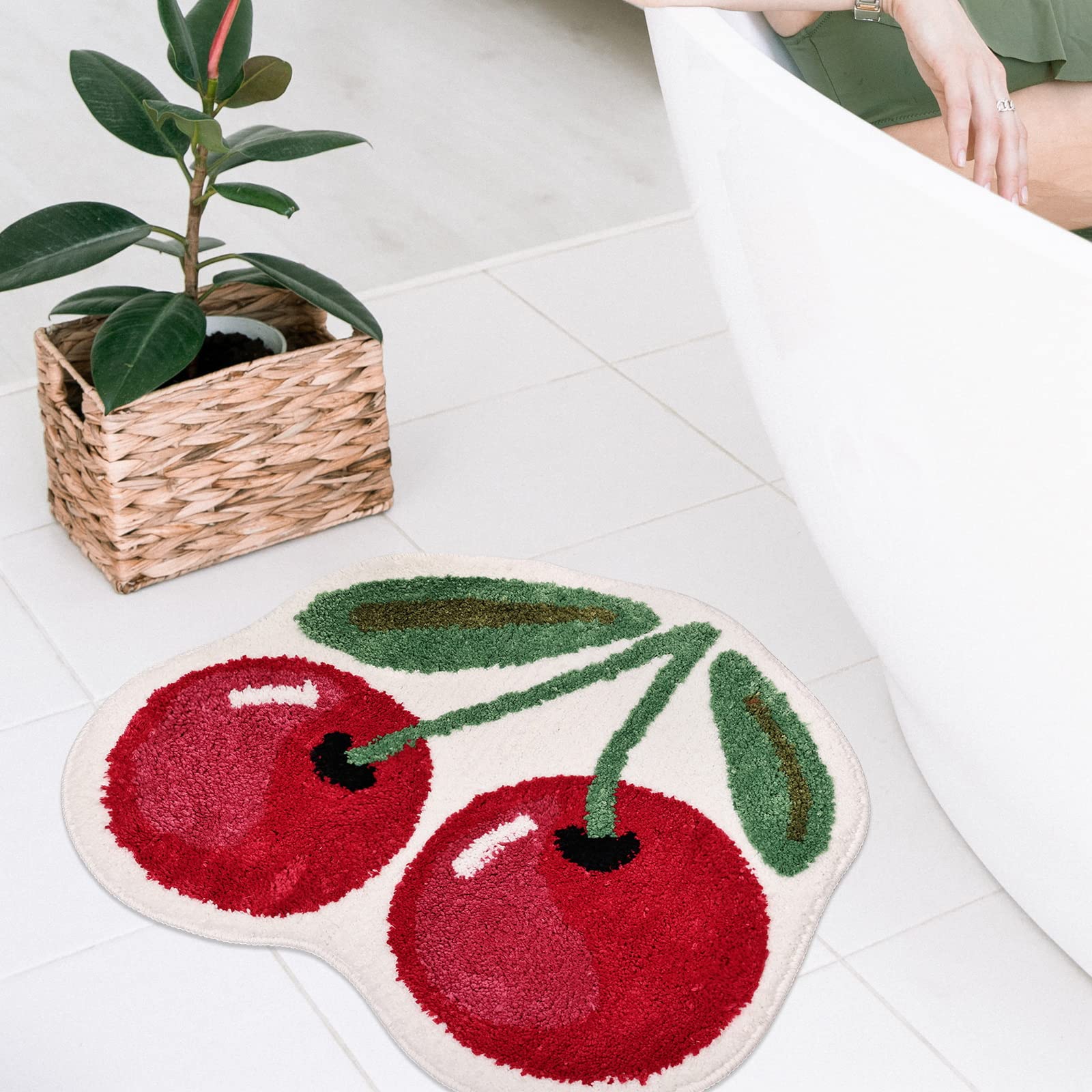 Frozzur Cherry Cute Bath Mat For Bathroom, Luxury Funky Bathroom Mats Non Slip Cute Fruit Shaped Absorbent Bathtub Cool Rug Bath