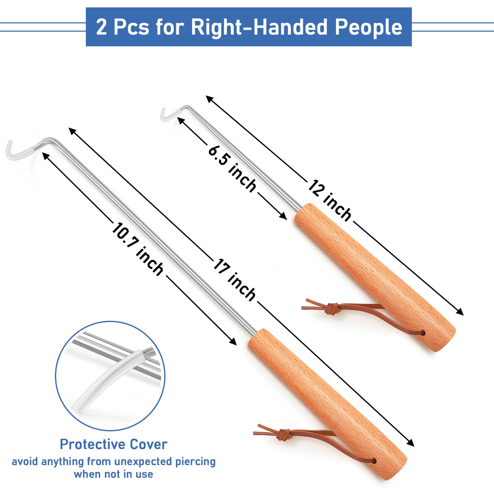 Pigtail Food Flipper 2Pcs, Hasteel 12 & 17 Inch Meat Turner Hook, Stainless Steel Pig Tail Flipper Hook With Wooden Handle, Gril