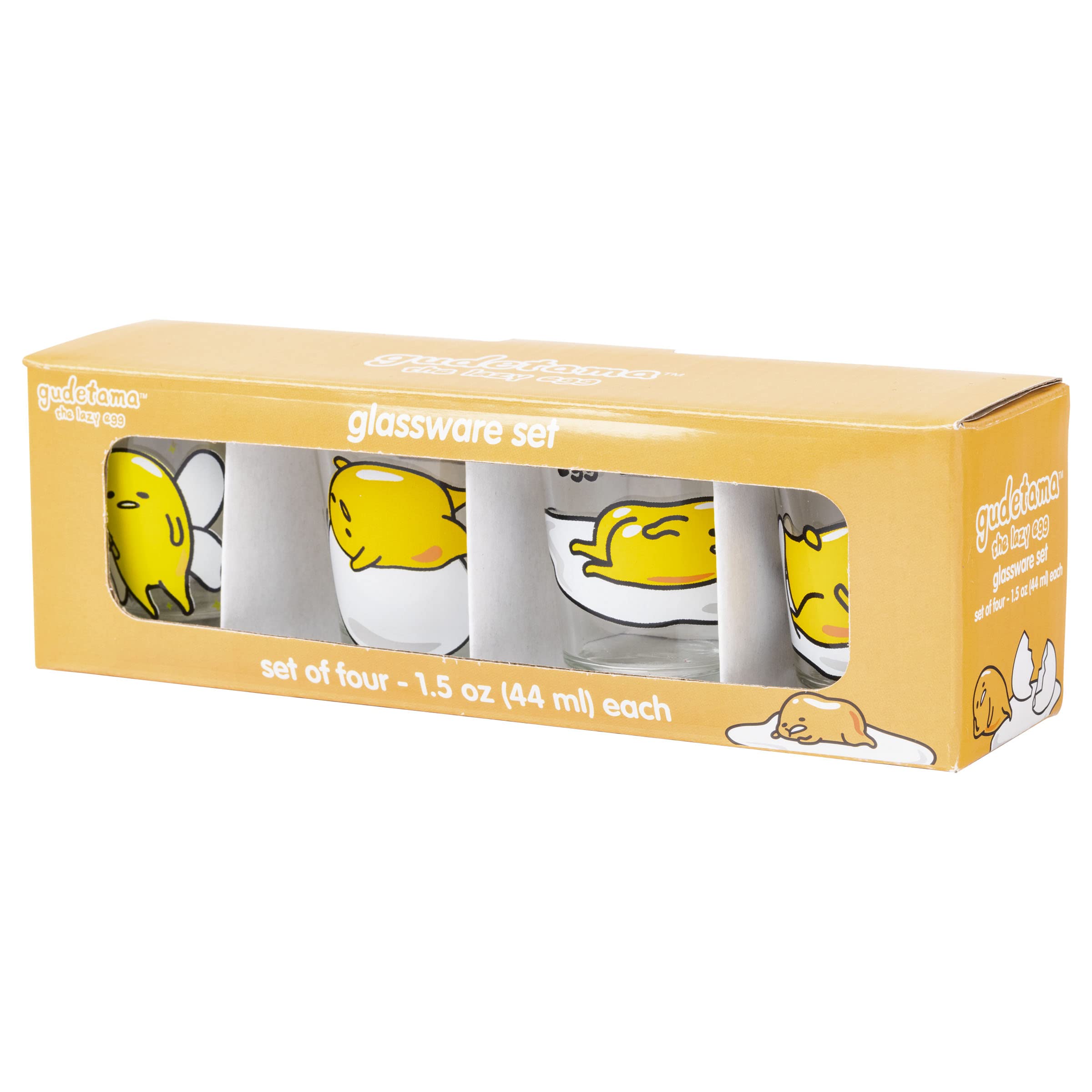 Silver Buffalo Sanrio Hello Kitty And Friends Gudetama Lazy Egg Poses 4 Pack Mini Glass Set, 1.5 Ounces