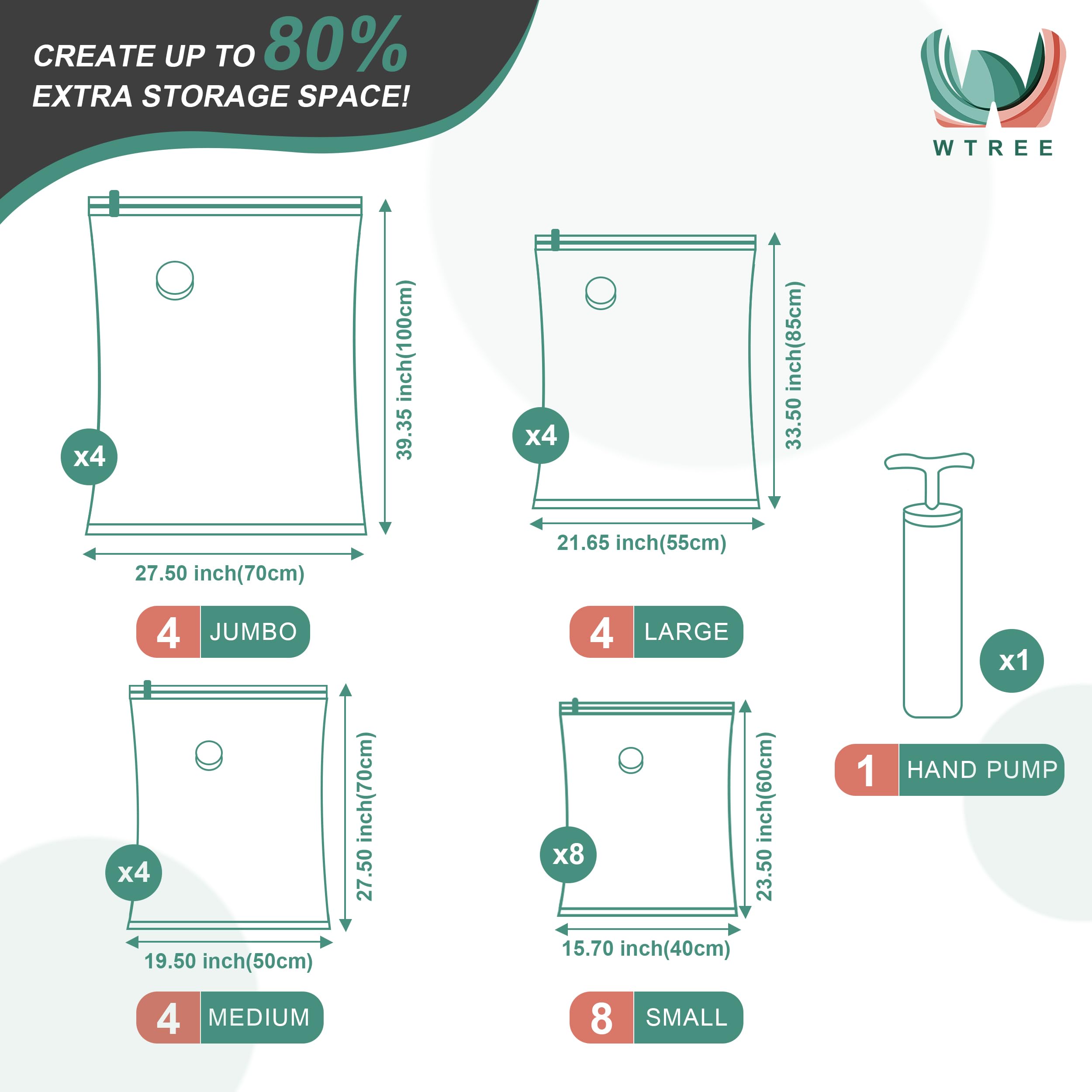 Wtree 20 Pack Vacuum Storage Bags, Space Saver Bags, Vacuum Sealed Bags For Comforters, Blankets, Clothes Storage, Hand Pump Inc