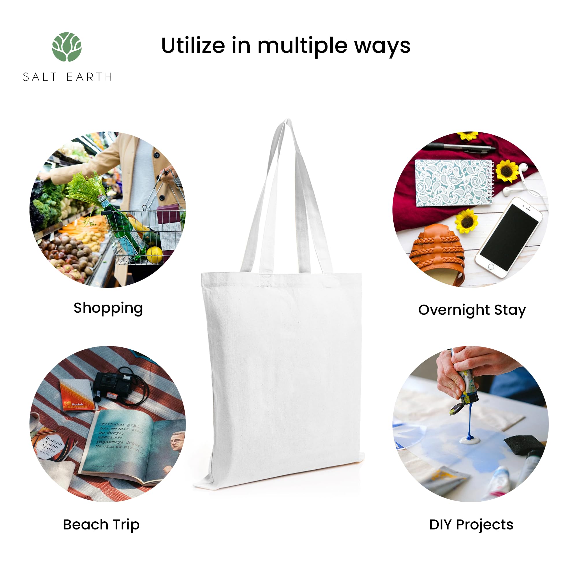 Salt Earth Pack of 5 | 6 | 12 | 24 | 48 - 100% Cotton Reusable Tote Bags - Bulk Grocery, Shopping, DIY, Beach & Gift Use (White)