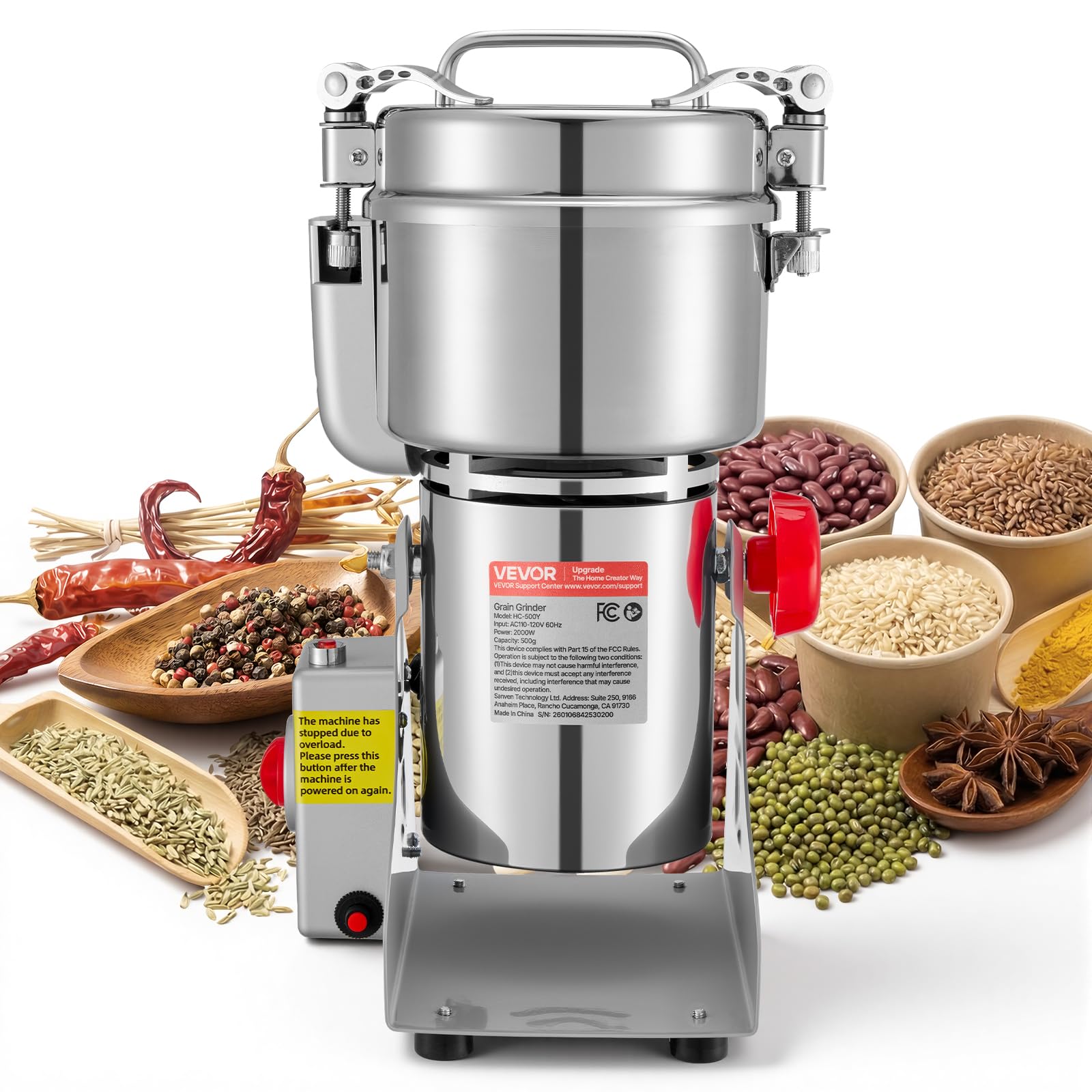 VEVOR 500g Electric Grain Mill Grinder, High Speed 2000W Commercial Spice Grinders, Stainless Steel Pulverizer Powder Machine, f