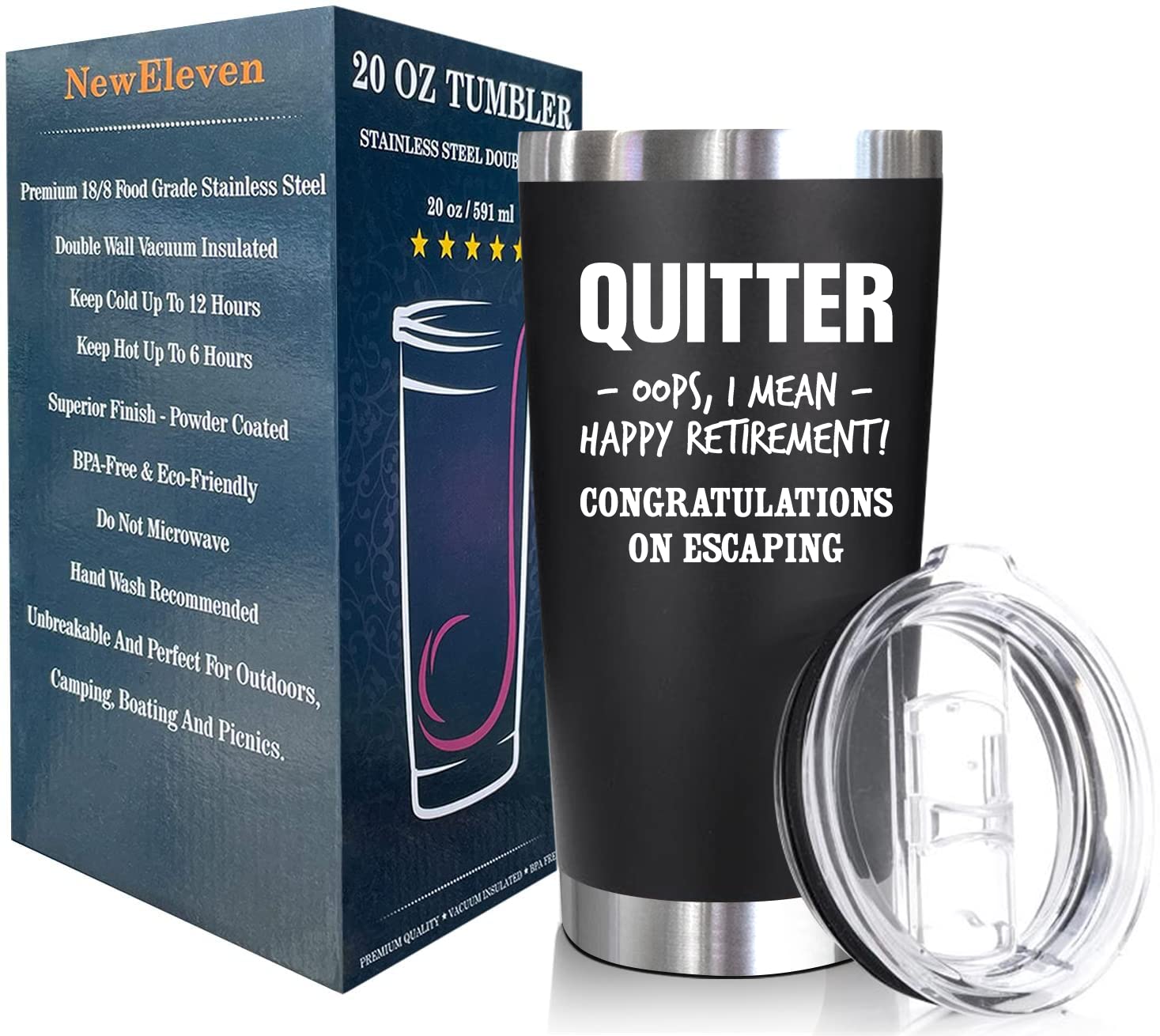 NewEleven Stainless Steel Tumbler - 20 Oz - Quitter Black - Retirement Gifts for Men & Women 2025 - Party Decorations & Presents