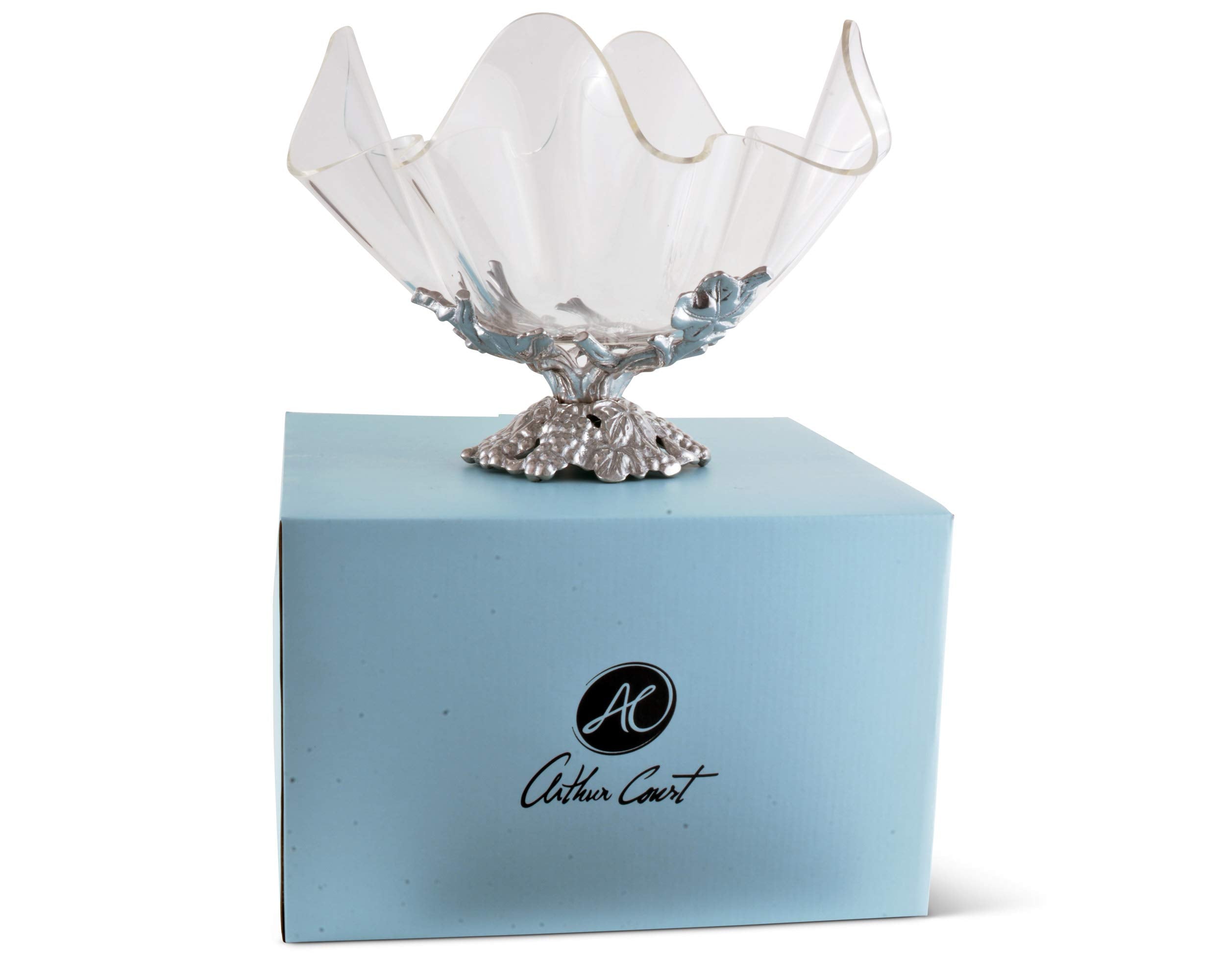 Arthur Court Acrylic Bowl Grapevine Stand Pattern Sand Casted In Aluminum With Artisan Quality Hand Polished Tarnish Free Stand