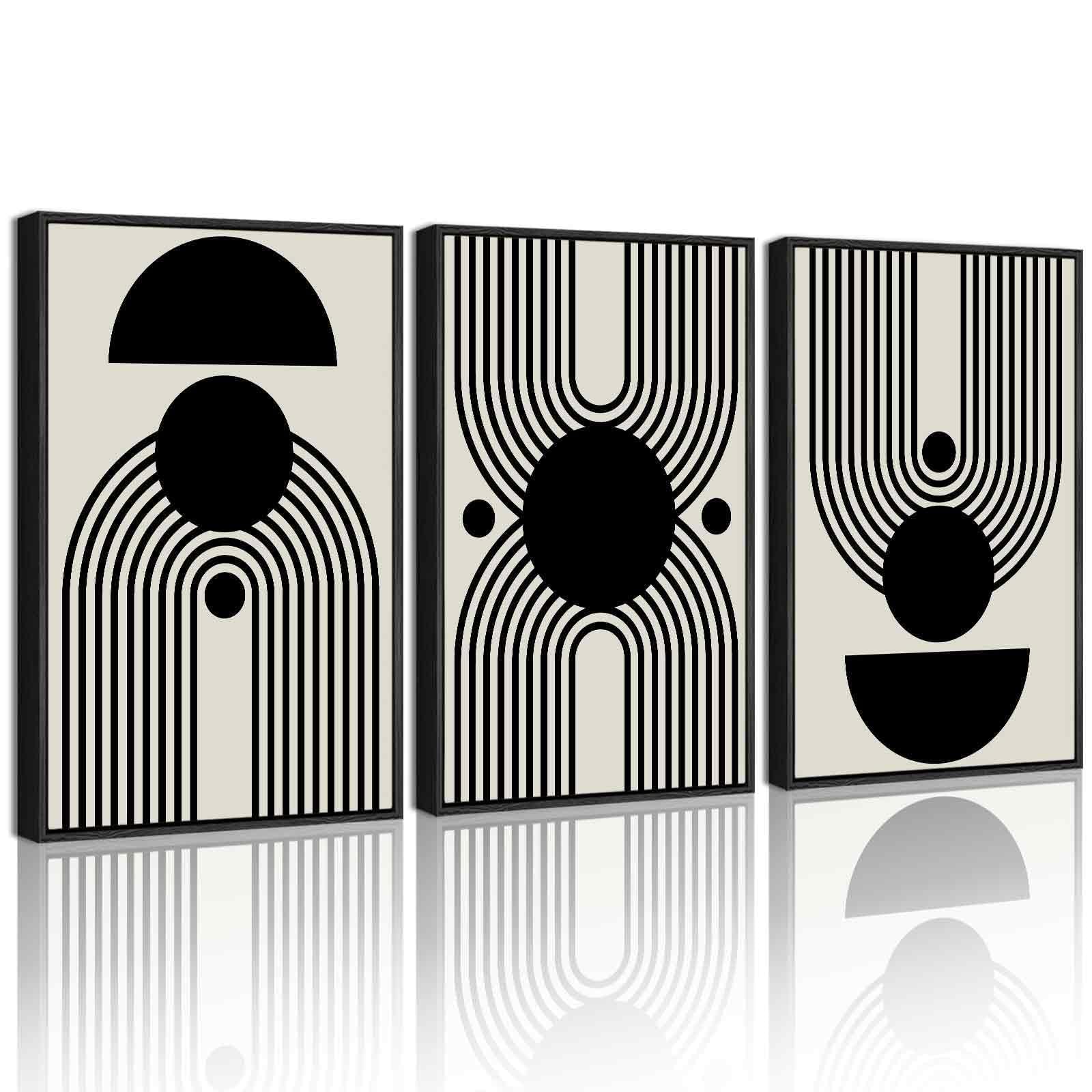 Kuvioke Black Abstract Framed Wall Art Minimalist Geometry Lines Painting Artwork For Living Room Bedroom 16X24In (Black Framed)