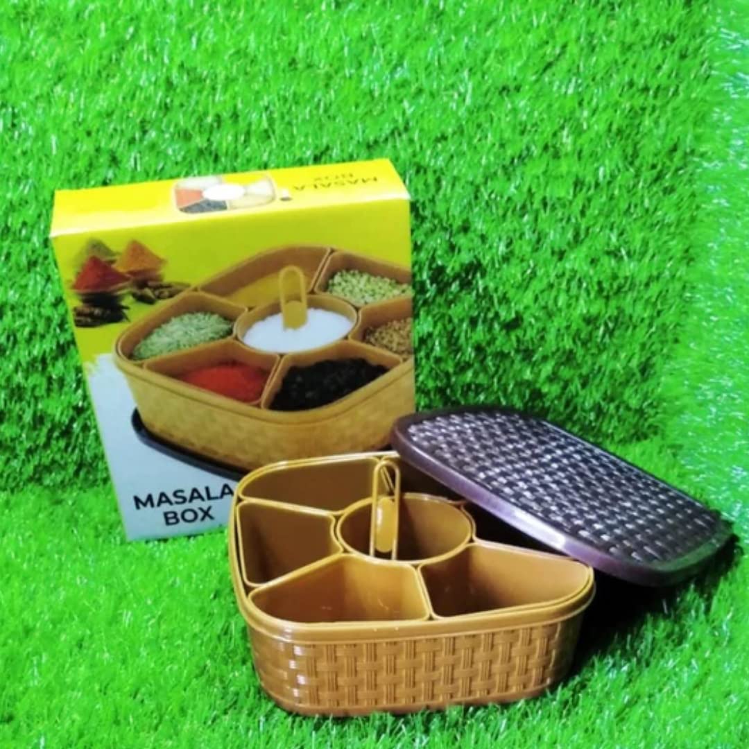 Suzec Masala Rangoli Box Dabba For Keeping Spices | Spice Box For Kitchen | Plastic Wooden Style Masala Box | Masala Container |