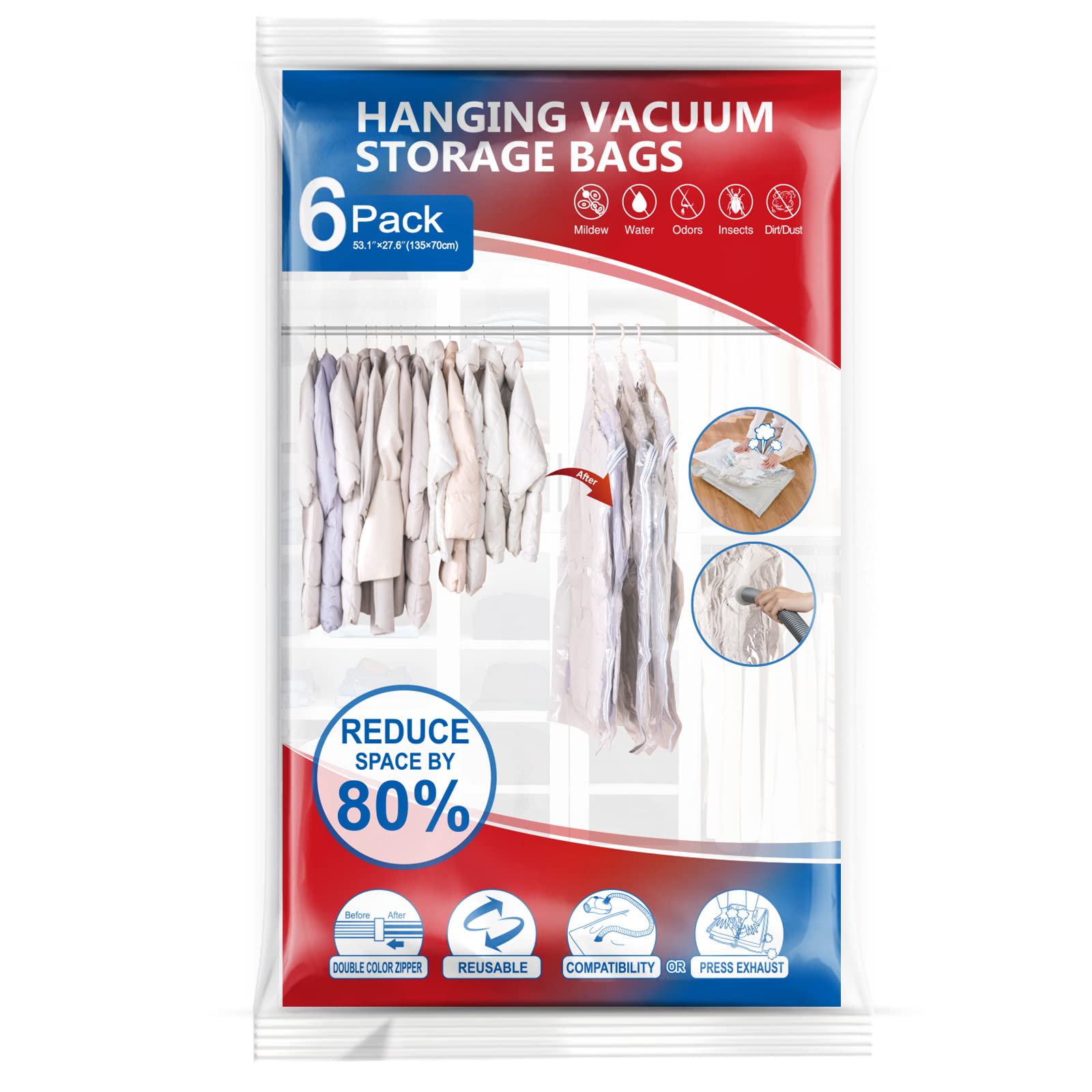 Hanging Vacuum Storage Bags, 6 Pack Large Hanging Space Saver Bags, Hanging Storage Bags For Clothes, Vacuum Sealed For Suits, D
