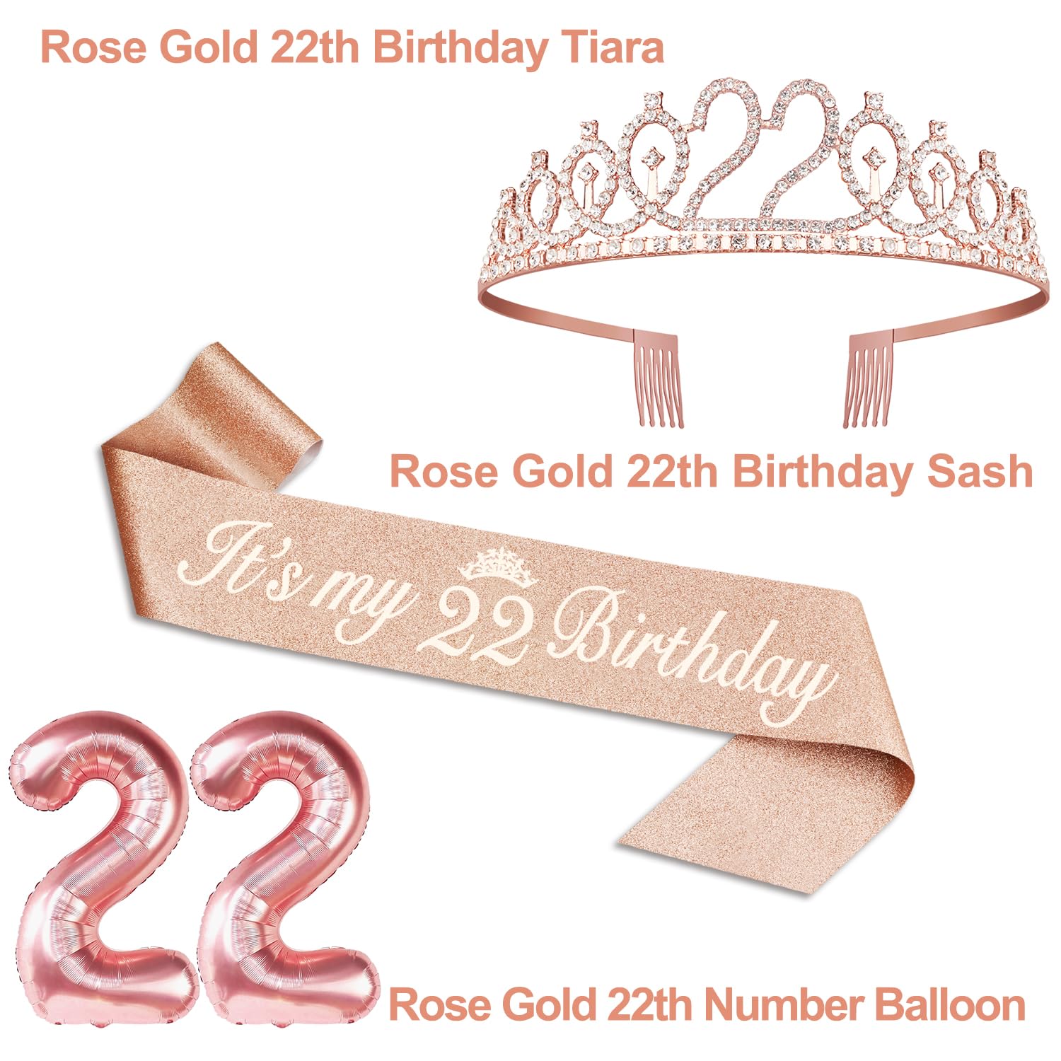 22Nd Birthday Gifts For Women, Include 22Nd Birthday Sash And Tiara, Birthday Cake Topper And Number 22 Candles, Big 22 Balloons