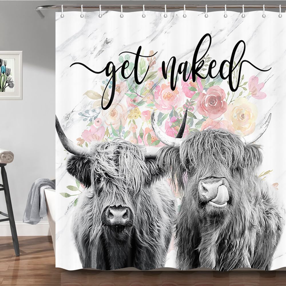Western Cow Shower Curtain 60*72 Inch Highland Cow Bathroom Decor Get Naked Country Shower Curtains Set Rustic Farmhouse Style F