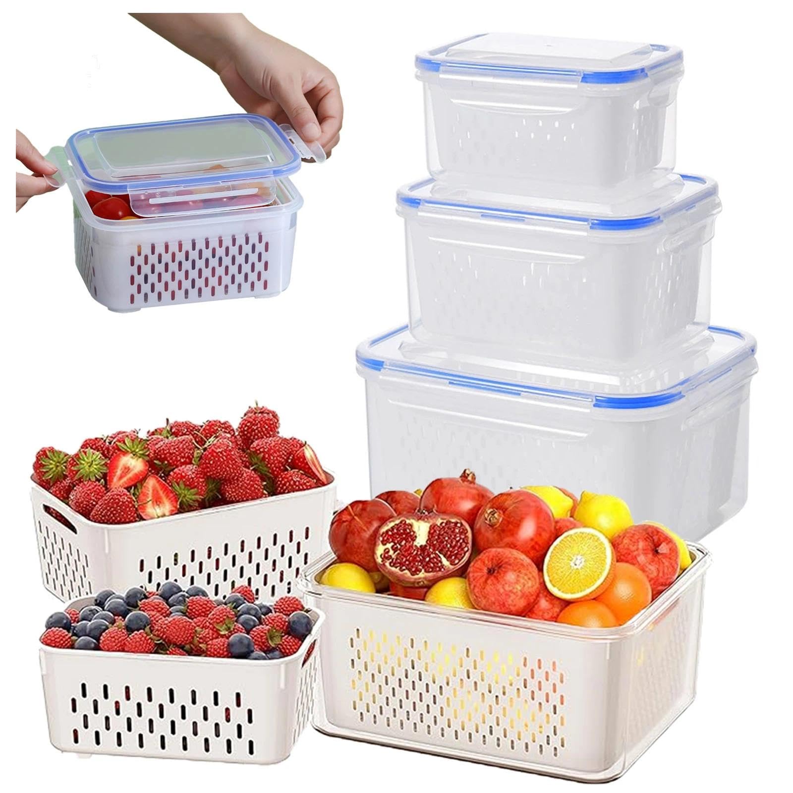 Yuonry 4 in 1 Food Storage Container, Fruit Storage Containers for Fridge, Produce Containers with Lid and Strainer, Including D