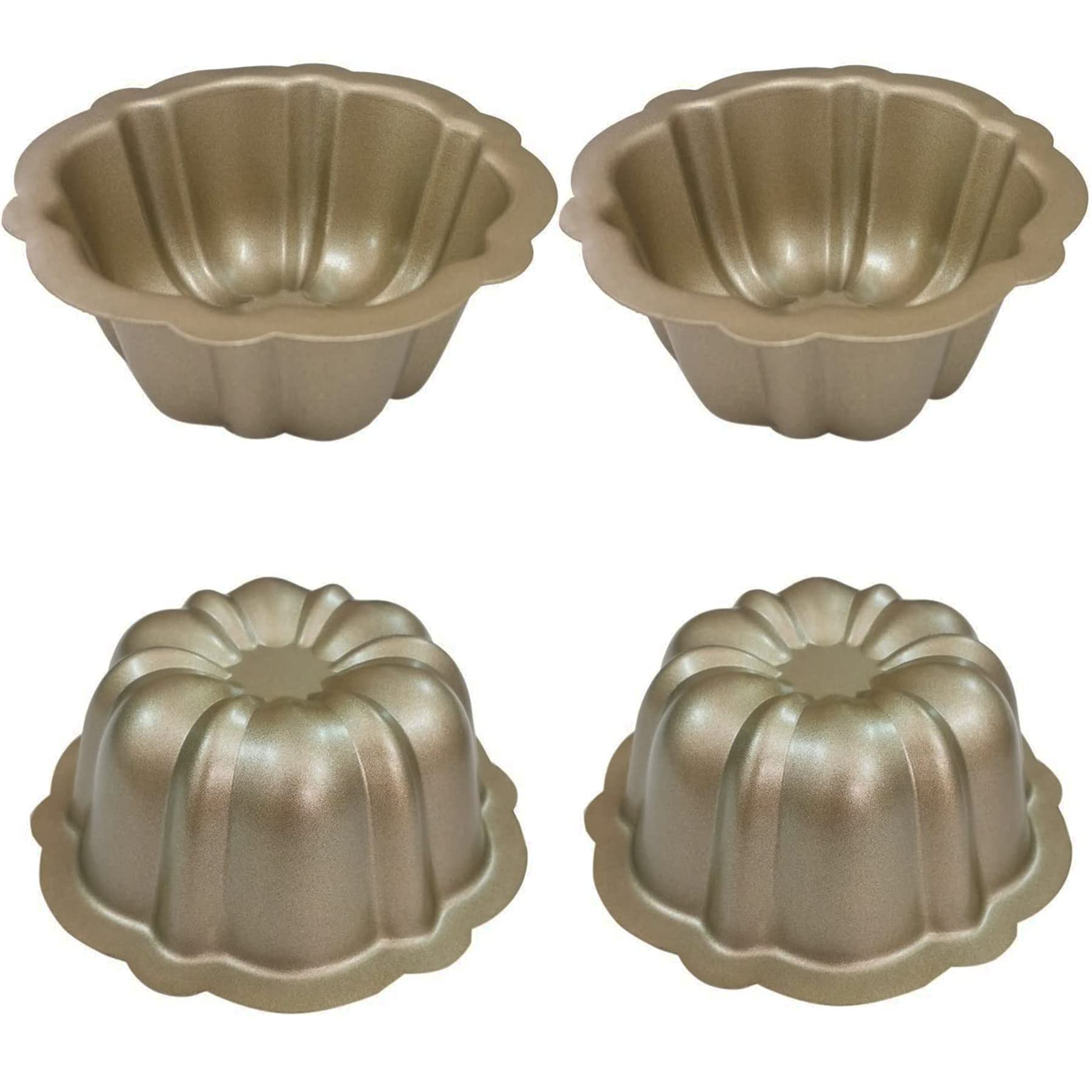 Mantouxixi 4 Pack Gold Color Mini Bundt Cake Pan, 4 Inch Nonstick Fluted Tube Cake Pans, Oven Baking Mold Metal Round Pumpkin Sh