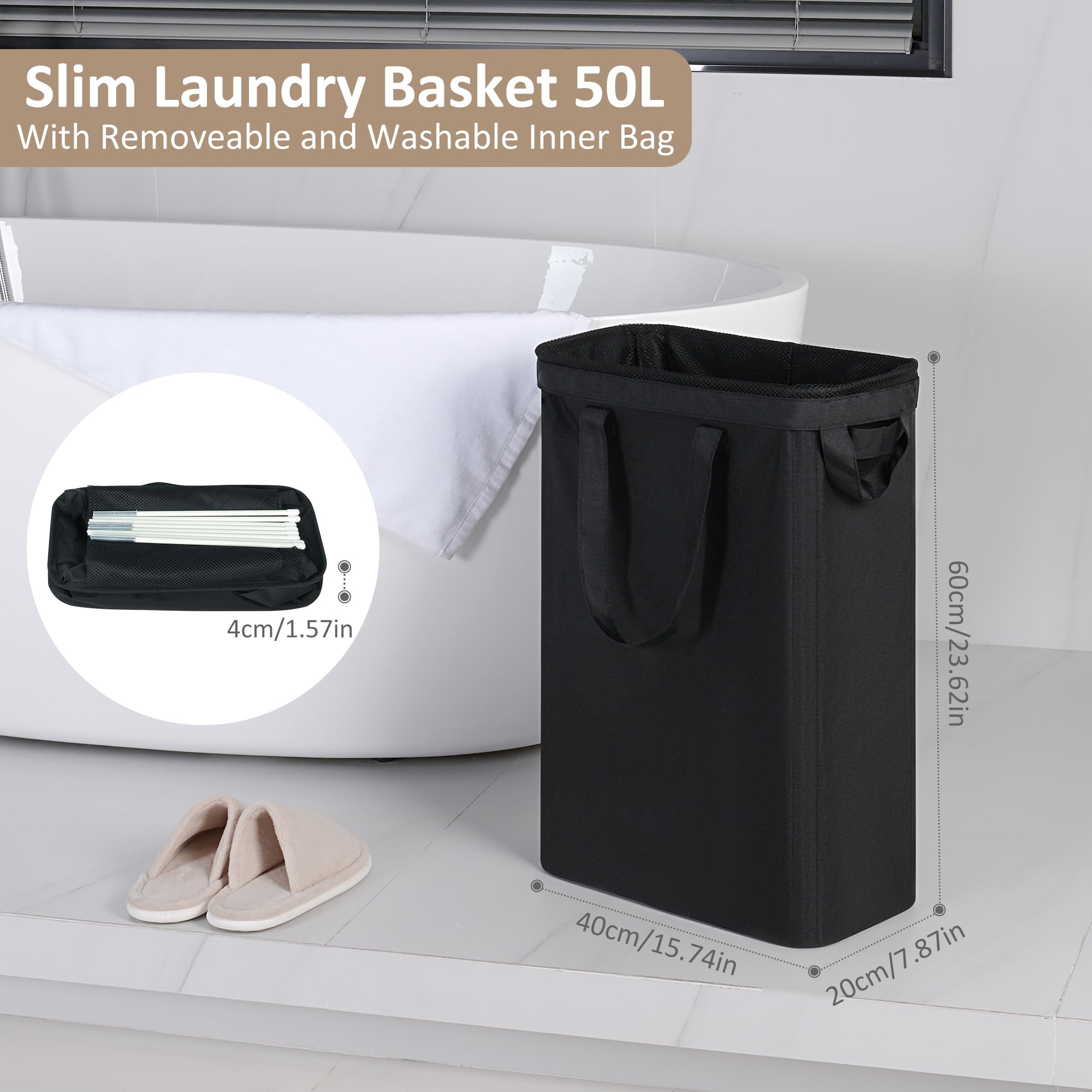 Iegrow Washing Baskets For Laundry, 50L Slim Folable Laundry Bin With Oxford Fabric And Handles, Narrow Wash Basket With Removab