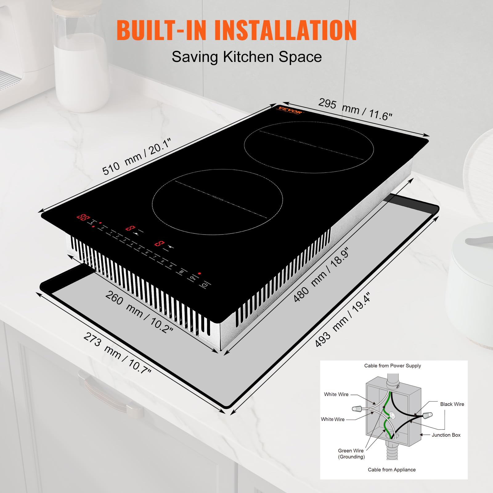 Vevor Built-In Induction Electric Stove Top 12 Inch,2 Burners Electric Cooktop,9 Power Levels & Sensor Touch Control,Easy To Cle