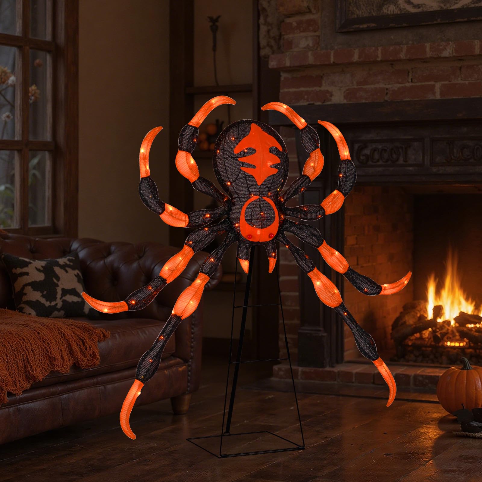 Tangkula 52    Halloween Spider Decoration, Lighted Spider on Stand with 16 Flickering Warm White LEDs, 64 Orange LEDs, Holiday