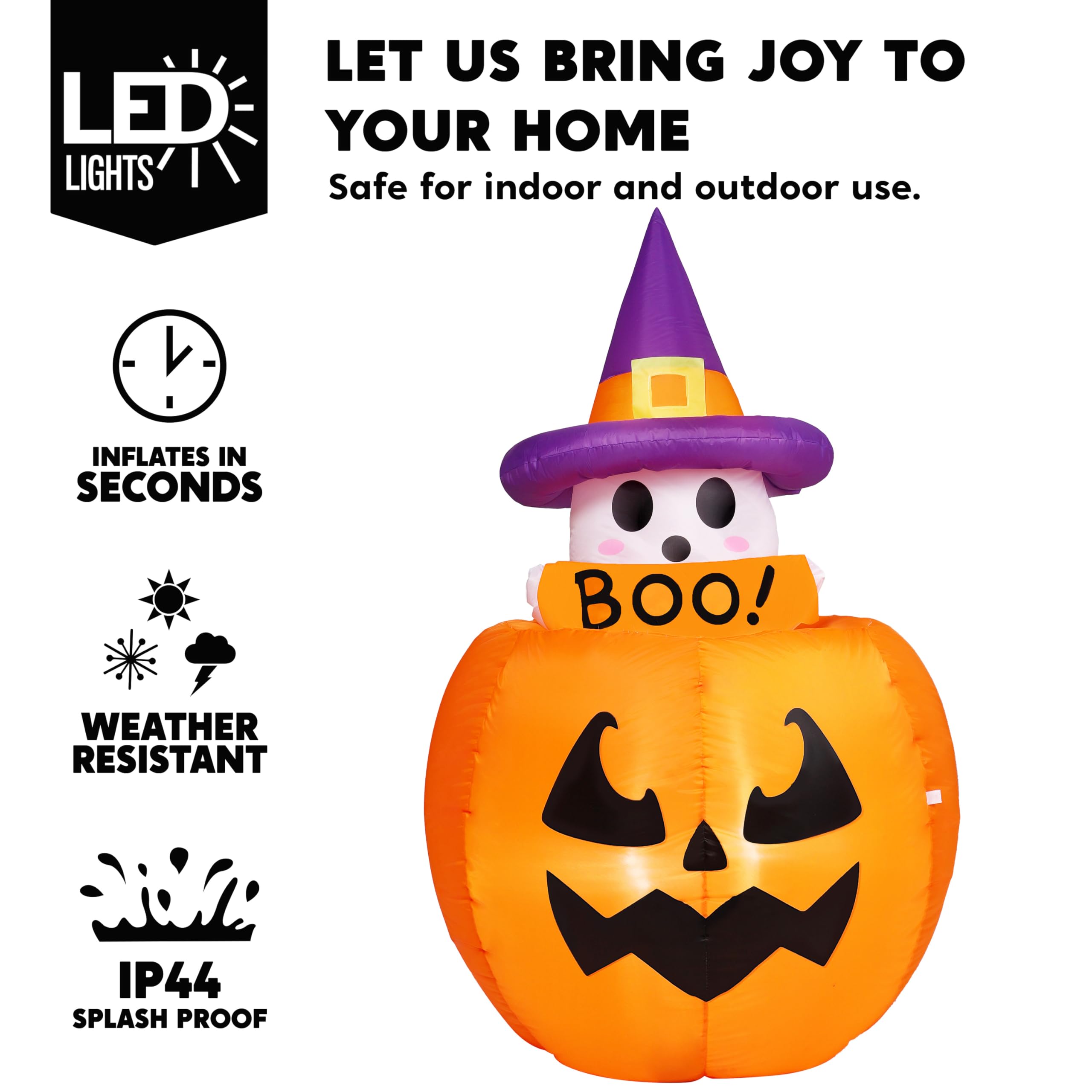 Joiedomi 5ft Tall Halloween Animated Inflatables Outdoor Decorations, Inflatable Ghost on Pumpkin with LEDs, Cute Blow Up Pumpki