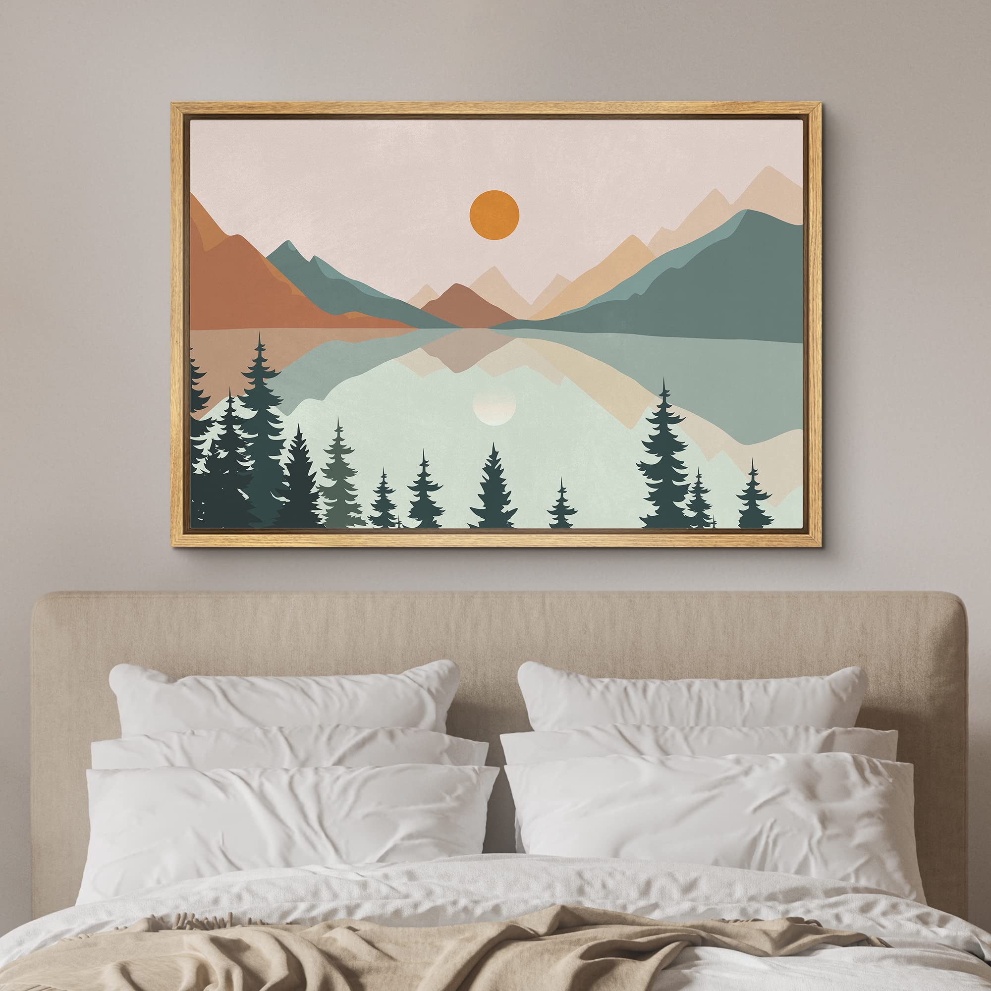 Signford Framed Canvas Print Wall Art Pastel Mountain Tree Forest Lake Nature Wilderness Illustrations Modern Art Decorative Boh
