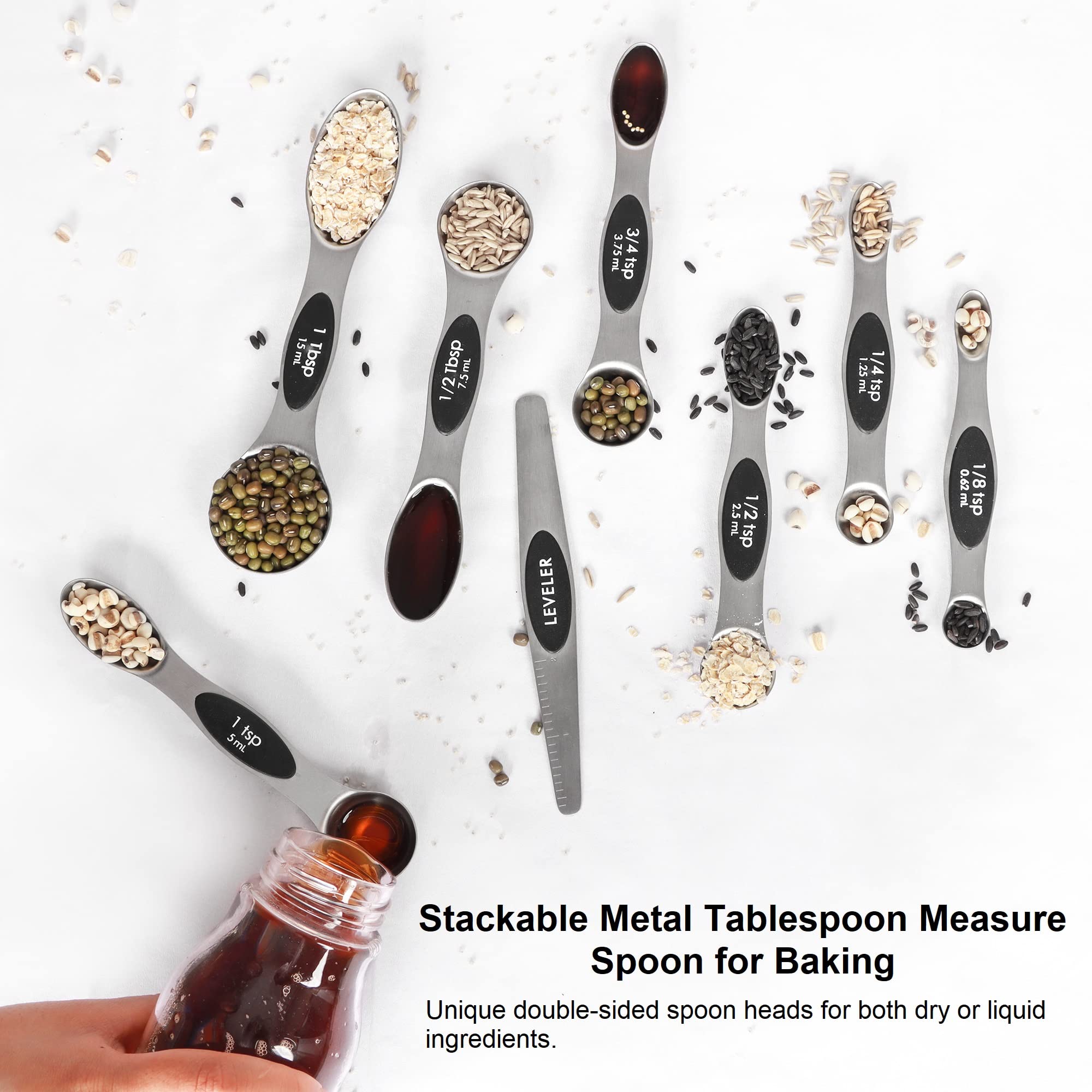 Magnetic Measuring Spoons Set Stainless Steel With Leveler, Stackable Metal Tablespoon Measure Spoon For Baking, Cups And Spoon