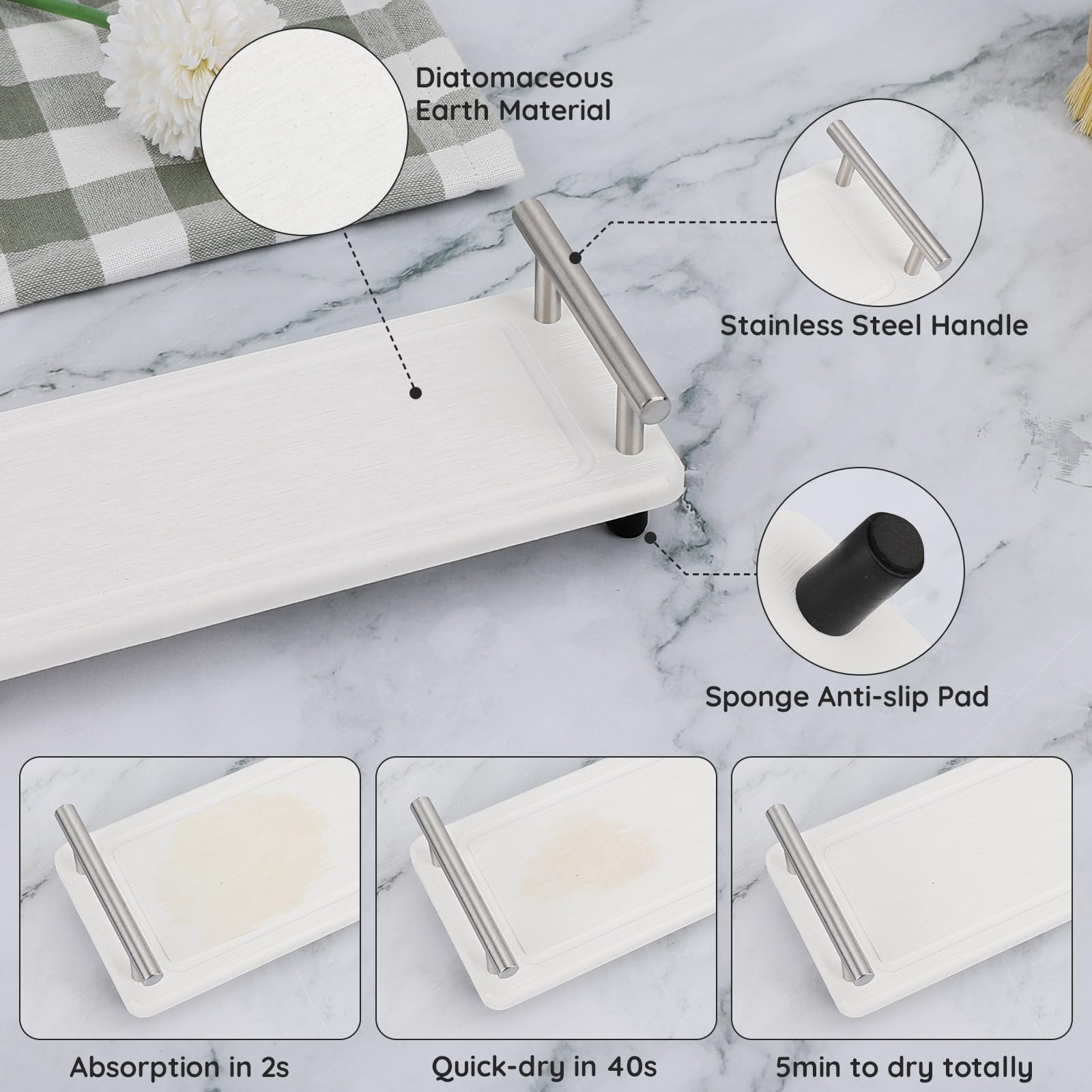 Segbeauty 12X4In Stone Drying Tray For Kitchen Counter, Water Absorbent Fast Drying Diatomaceous Tray, Instant Dry Sink Caddy Co
