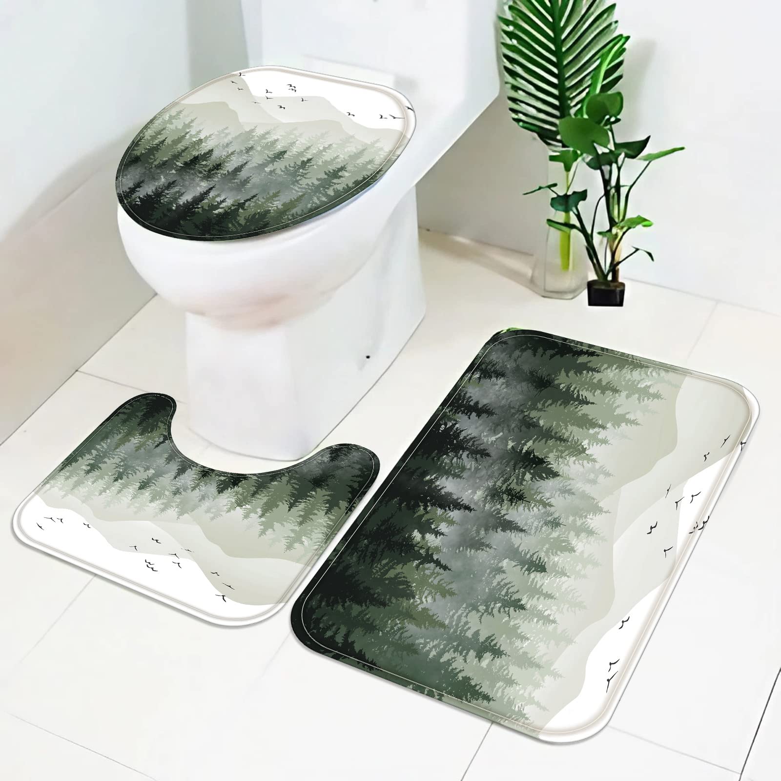 Fungarth 4 Pcs Green Misty Forest Shower Curtain Set With Rug Nature Mountain Bathroom Sets With Waterproof Fabric Shower Curtai