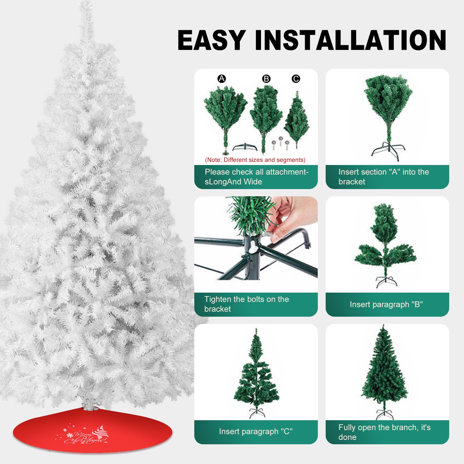 Christmas Tree 7FT/8FT Artificial Tree, Foldable Metal Stand for Holiday Christmas Decoration (White, 8FT)