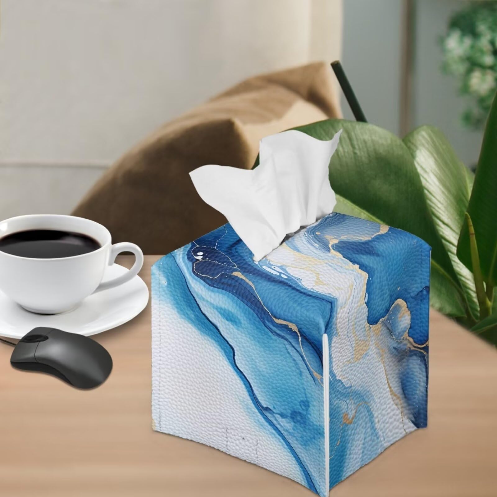 Tutolipy Blue Marble Print Tissue Box Cover Square Cube Novelty Tissue Paper Box Cover Pu Leather Tissue Covers Holder For Dress