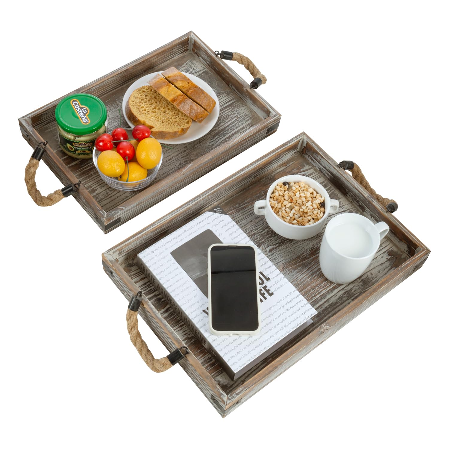 Mygift 2 Piece Set Rustic Torched Wood And Black Metal Decorative Nesting Serving Trays With Rope Handles For Breakfast In Bed,