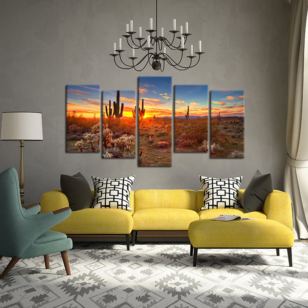Kreative Arts - Natural Landscape Paintings Wall Art Sunset with Saguaros in Sonoran Desert 5 Pieces Picture Print on Canvas for Modern Home Decoration (Large Size 60x32inch)