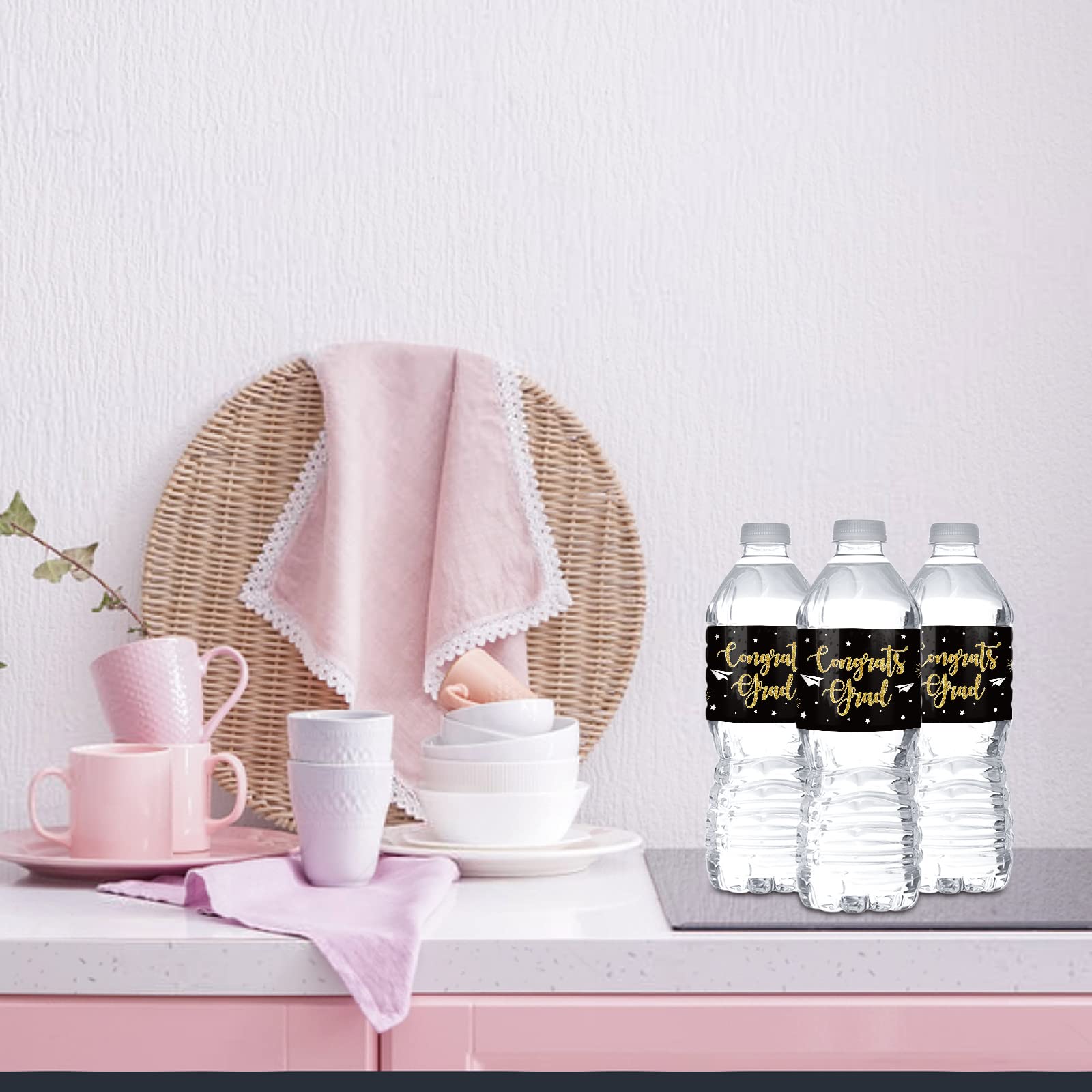 Monmon & Craft Black Grad Water Bottle Labels (Set Of 32) - Graduation Party Supplies