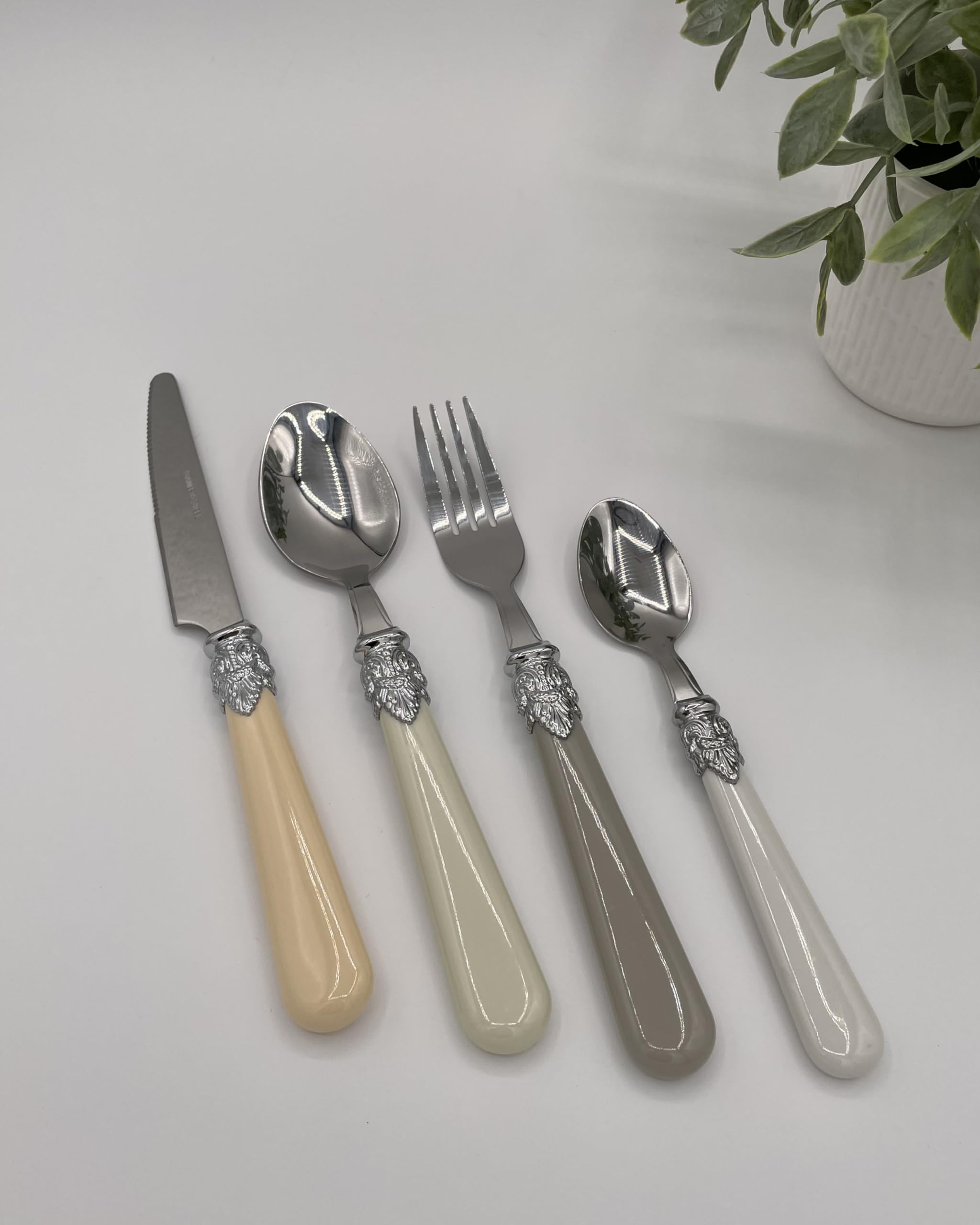 The Original Brink House Baroque Bone Mix & Match Stainless Steel Cutlery Set With Assorted Handles / 16 Pieces With Metal Stand