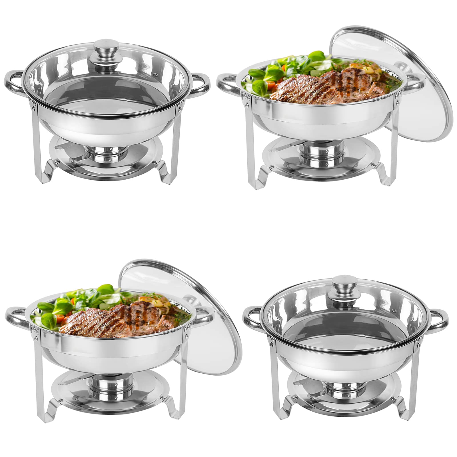 IMACONE Chafing Dish Buffet Set 4 Pack, 5QT Round Stainless Steel Chafer for Catering in Glass Lid, Chafers and Buffet Warmer Se