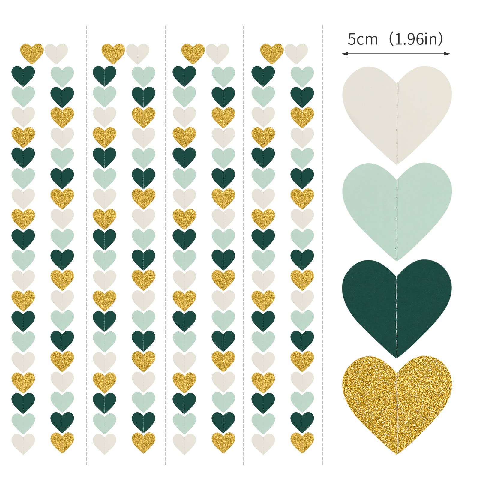 Sage-Green Mint Beige-Gold Love-Heart Garland - 52Ft Rustic Wedding Hanging Decoration Streamers Banner, Baby Safari Birthday Ba