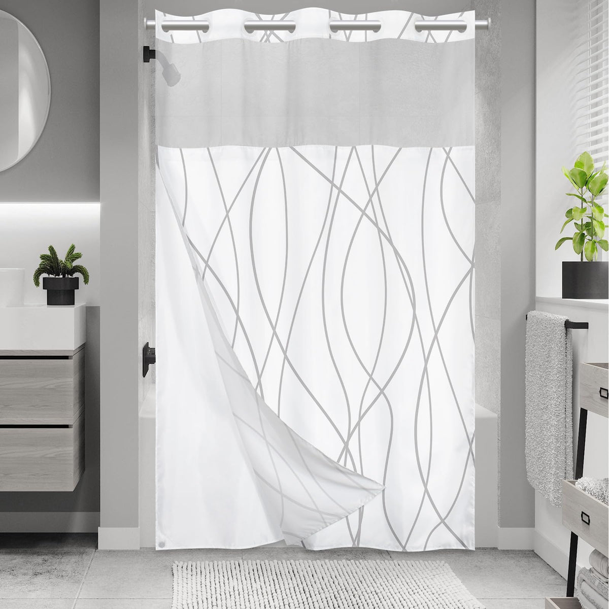 Lxbni No Hook Grey White Striped Stall Shower Curtain With Snap In Fabric Liner Set - Hotel Shower Curtain And Liner Set With Se