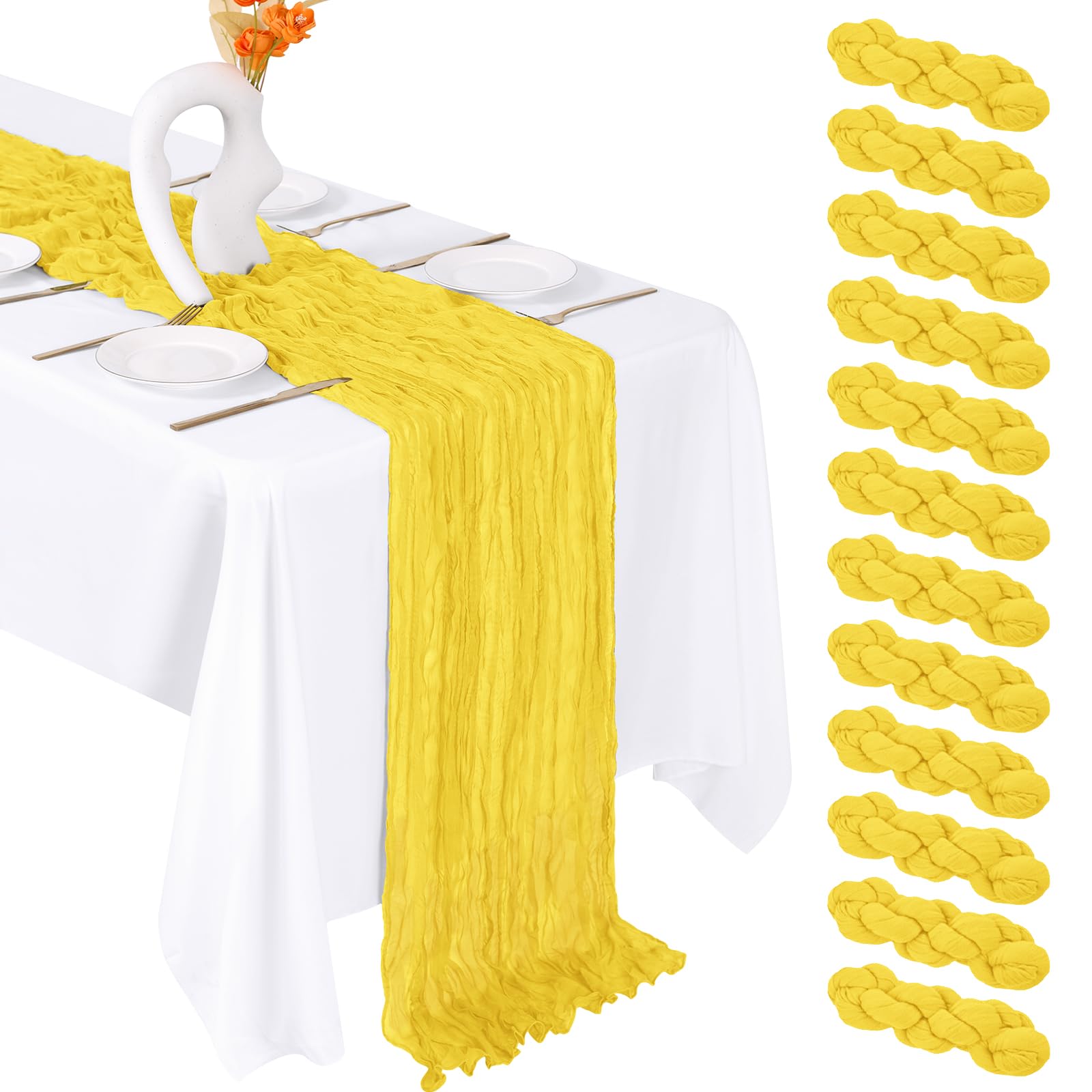 FANTEKE 12 Pack Lemon Yellow Cheesecloth Table Runner 20 x 120 Inch Gauze Table Runner Fabric Semi Sheer Cheese Cloth Table Deco