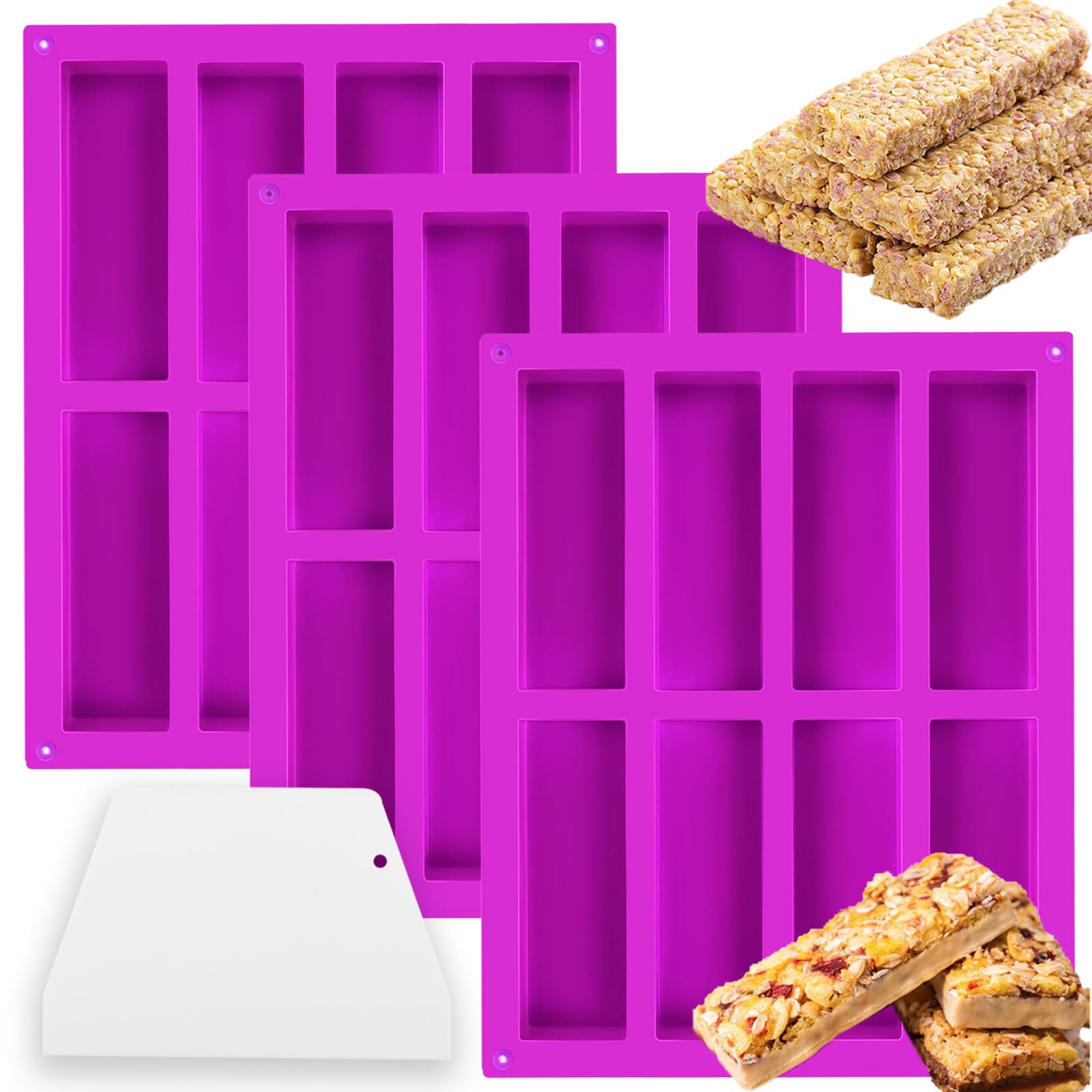 3 Pack 8Cavity Silicone Granola Bar Molds, Rectangle Protein Bar Mold Silicone Baking Molds for Baking Chocolate Bar, Cereal Ba