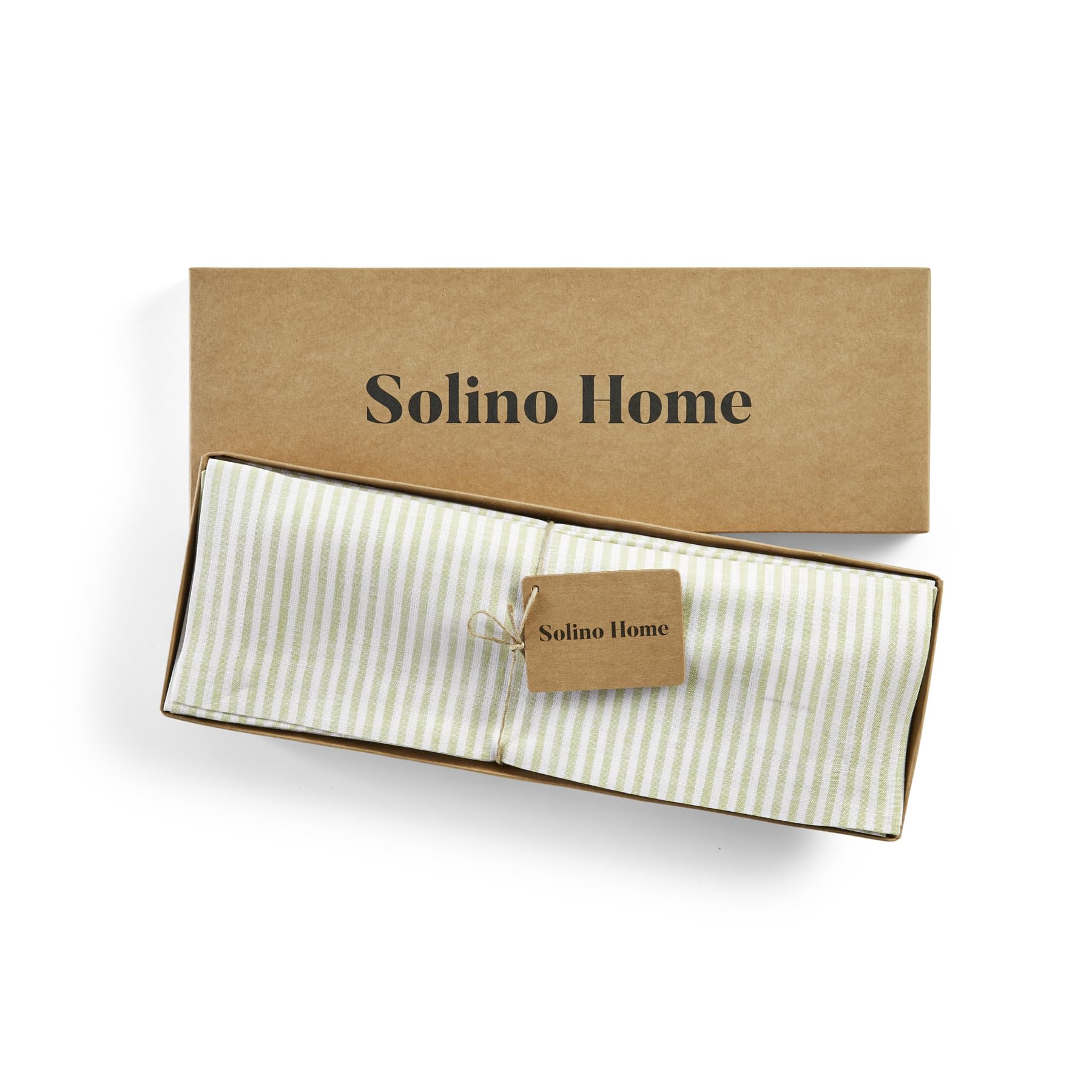 Solino Home Stripe Linen Placemats 19'' L X 14'' W Inch - 100% Pure Linen Sage And White Cloth Placemats Set Of 4 - Narrow Strip