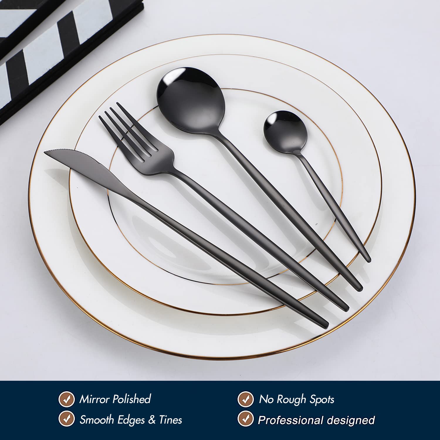 24-Piece Black Silverware Set Black Flatware Set For 6, Stainless Steel Cubiertos Cutlery Set, Forks And Spoons Apartment Utensi