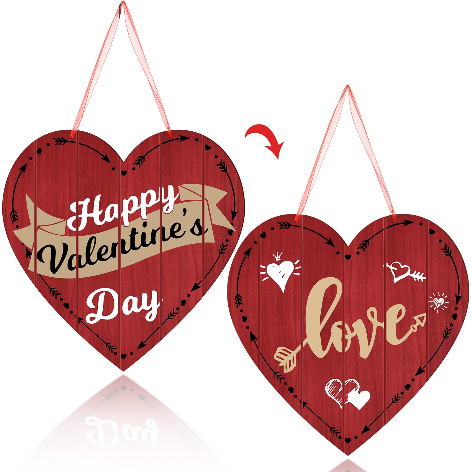 Jetec Valentines Day Double Sided Heart Wooden Sign Decoration Heart Shape Red Wall Plaque Love Door Wall Hanging Sign Happy Va
