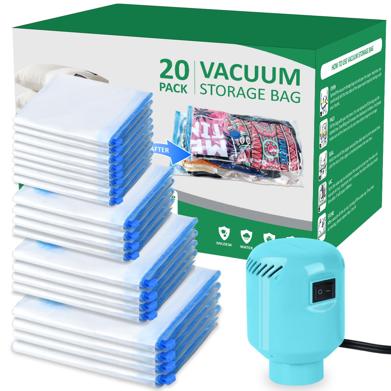 Zpp Vacuum Storage Bags With Electric Pump, 20 Pack (4 Jumbo, 4 Large, 4 Medium, 4 Small, 4 Roll Up Bags) Vacuum Seal Bags For C