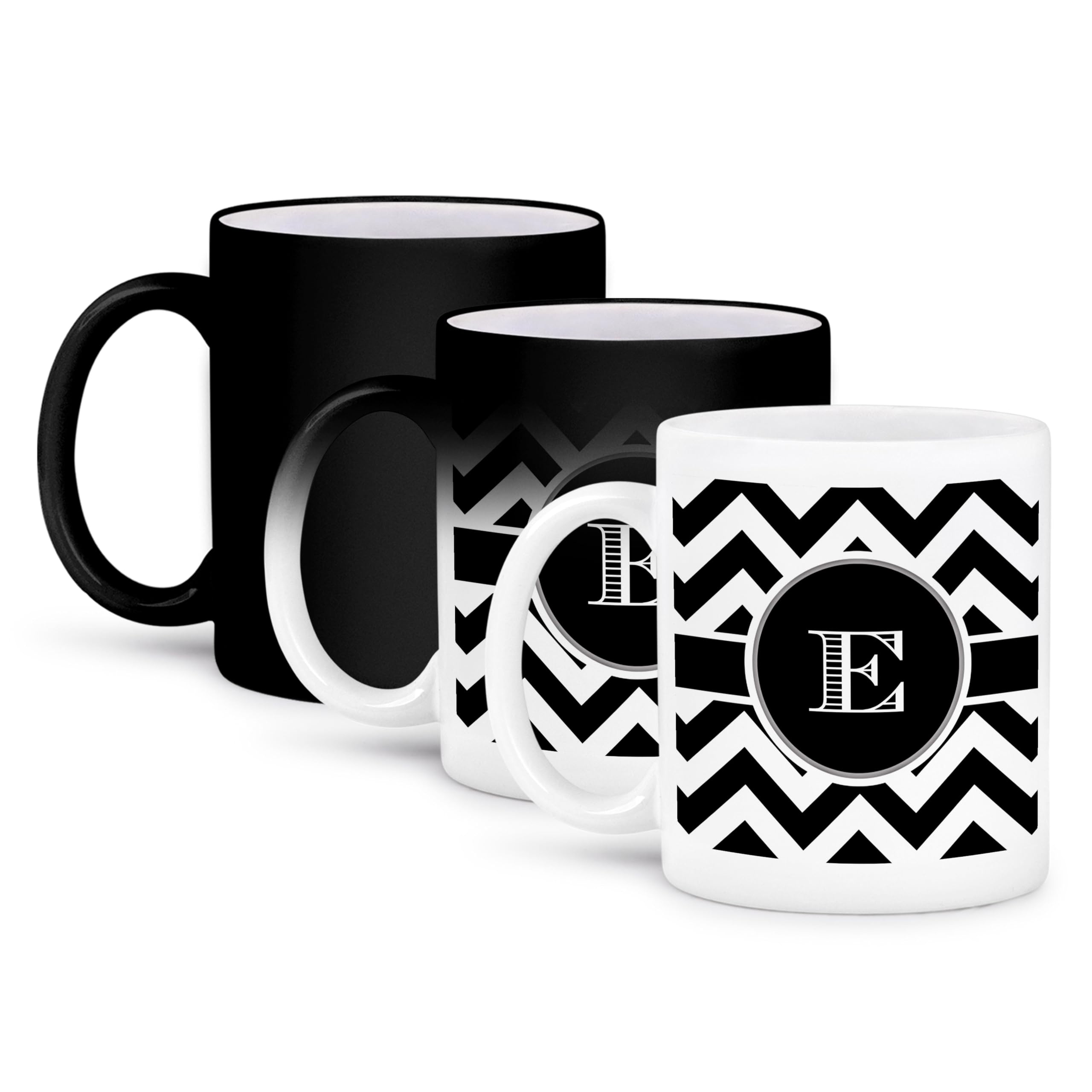 3D Rose Mug_222067_3 ''Black And White Chevron Monogram Initial E'' Magic Transforming Mug, 11Oz, Black/White