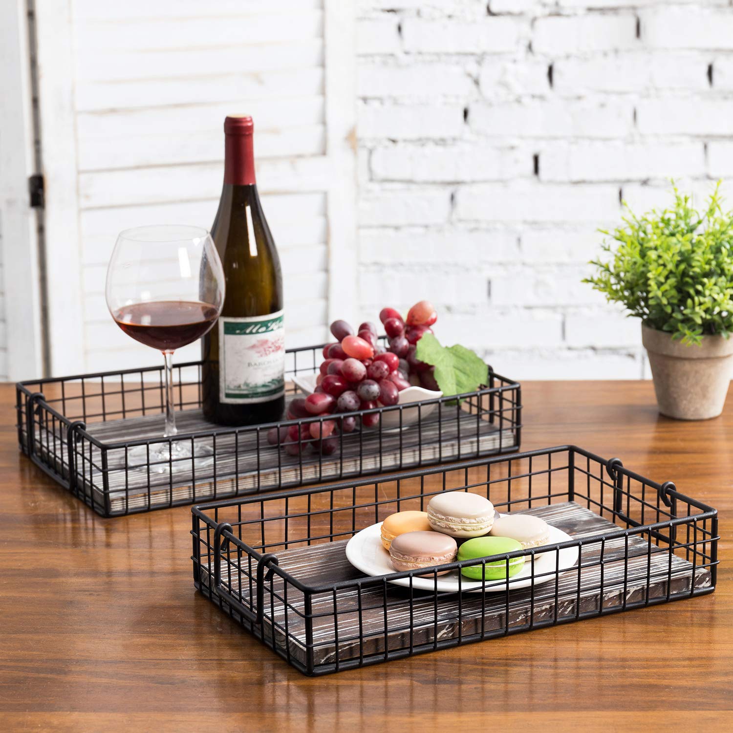 Mygift Black Metal Large Serving Tray, Wire Basket Style Nesting Ottoman Trays With Torched Wood Base And Handles, Set Of 2