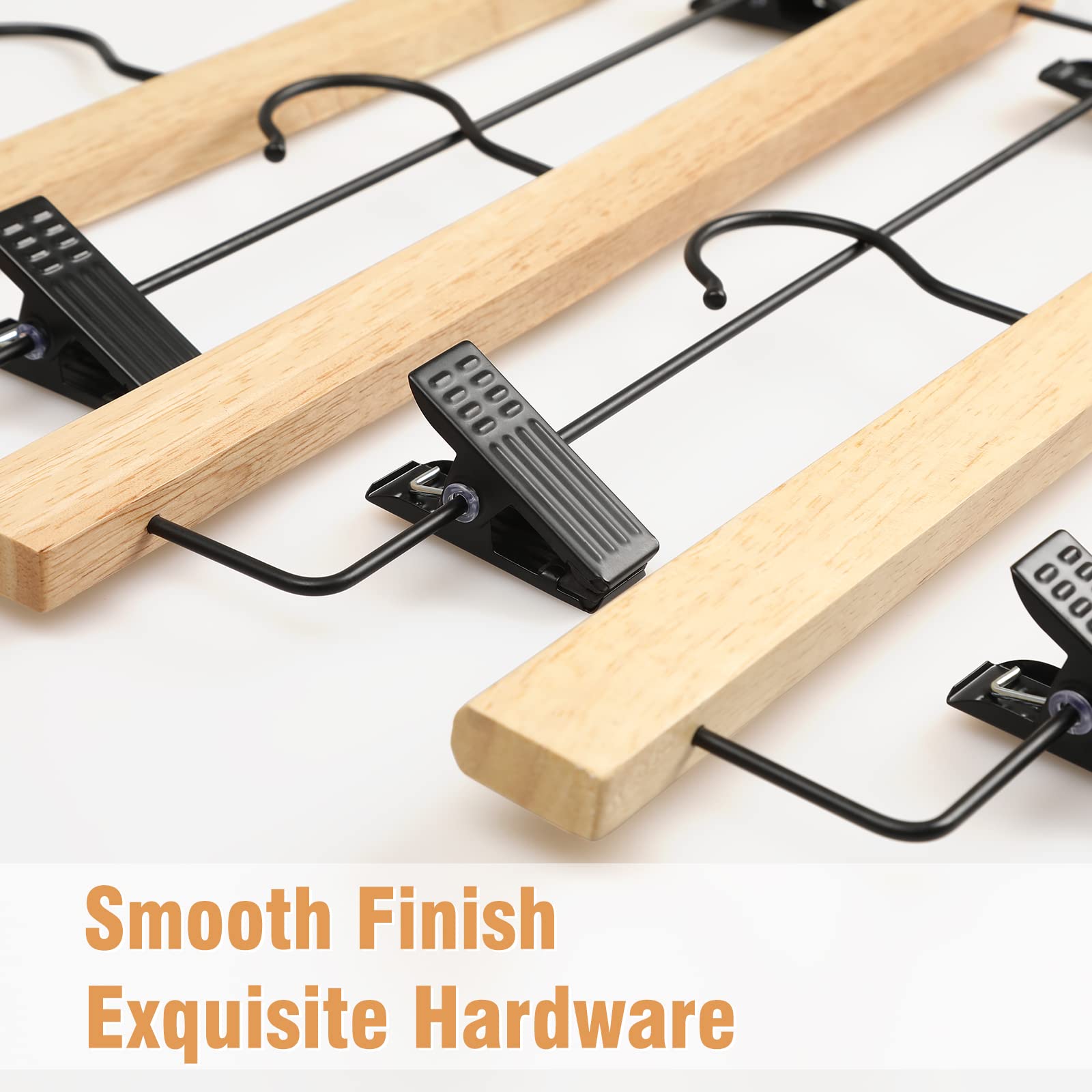 Topia Hanger Pants Hangers 10 Pack, Wooden Clothes Hangers With Black Clips And Rotatable Hook, Durable Natural Rubber Wood Hang