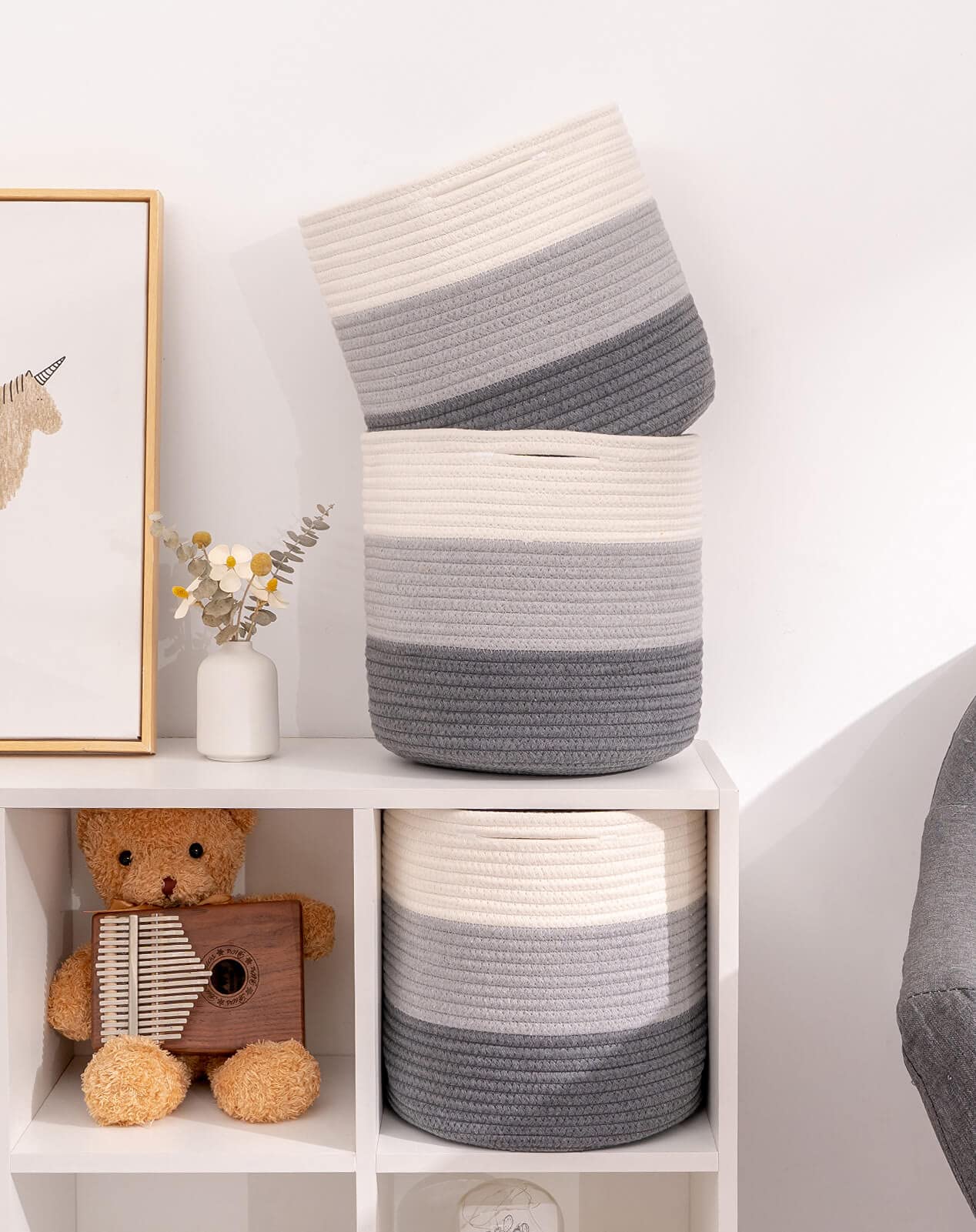 voten Cube Storage Baksets Bins 11x11?? Fit 12x12?? Cube Storage Organizer Bookcases Shelving Stylish&Durable Woven Cotton Storage Basket Containers for Organizing 3-Pack Off White/Mixed Gray