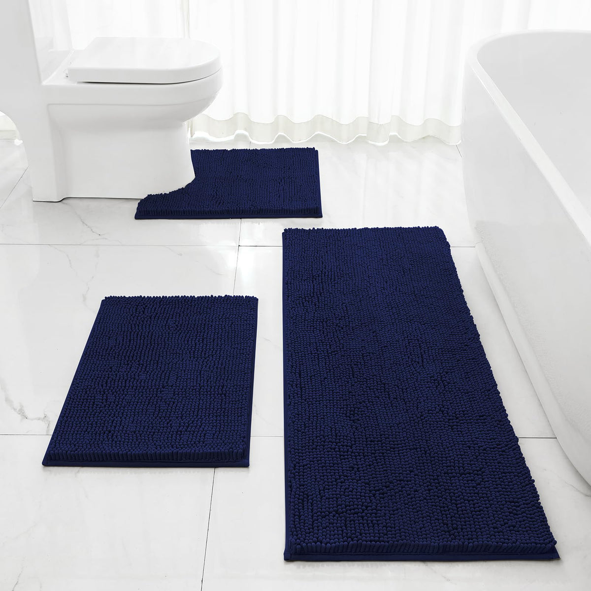 Homeideas 3 Pieces Bathroom Rugs, Extra Large Ultra Soft Non Slip Absorbent Chenille Toilet Bath Mat Set (Navy Blue)