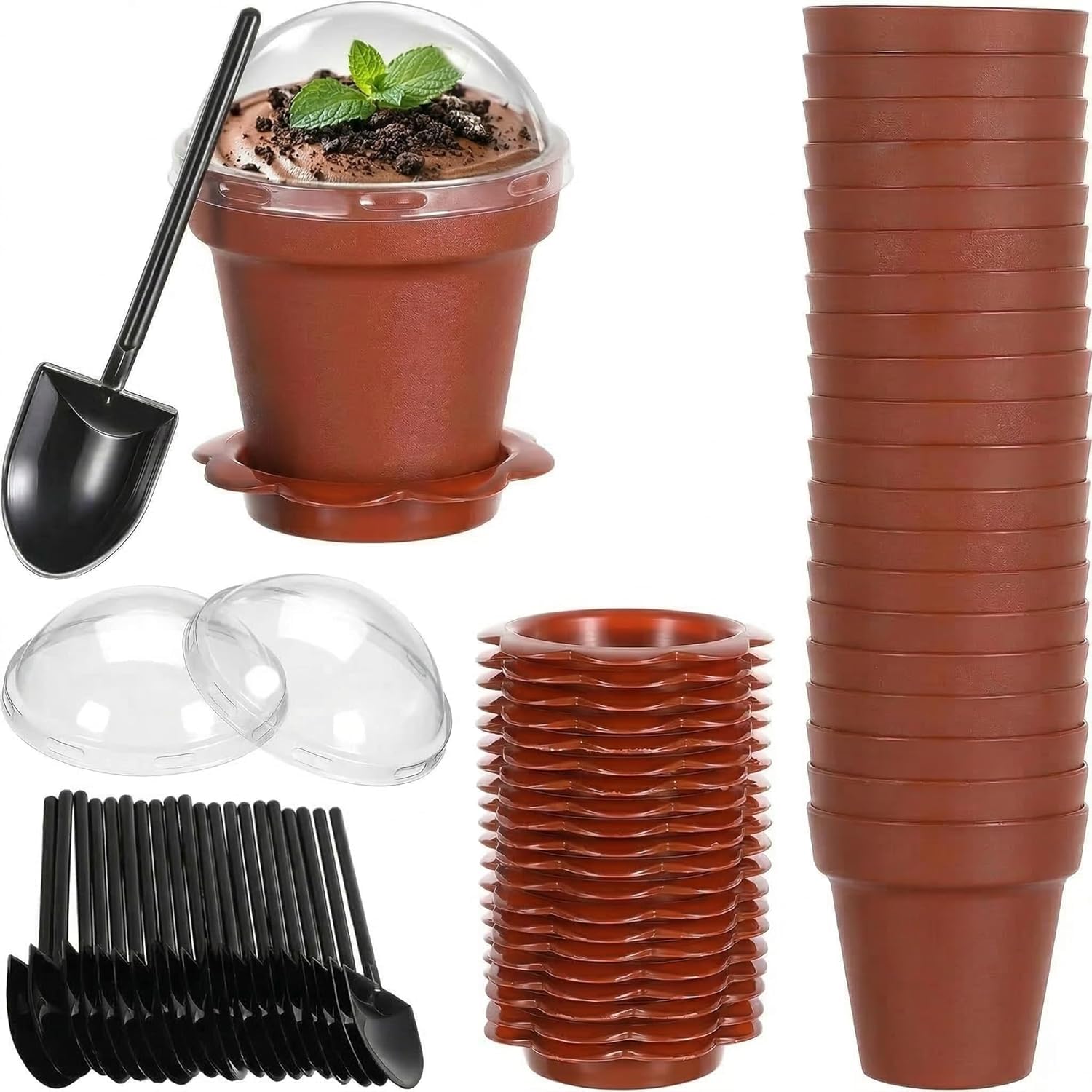 DOITOOL 20 Pack Flower Pot Dessert Cup with Lid and Shovel Spoon, 6.7 oz Plastic Cake Cups Small Flower Pots Chocolate Pudding C