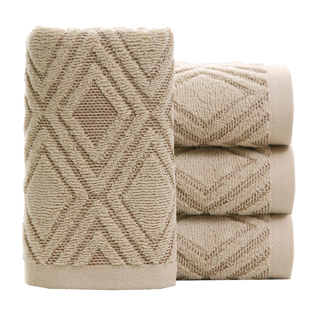 Pidada Hand Towels Set Of 4 Diamond Pattern 100% Cotton Absorbent Soft Decorative Towel For Bathroom 13.4 X 29.5 Inch (Brown)