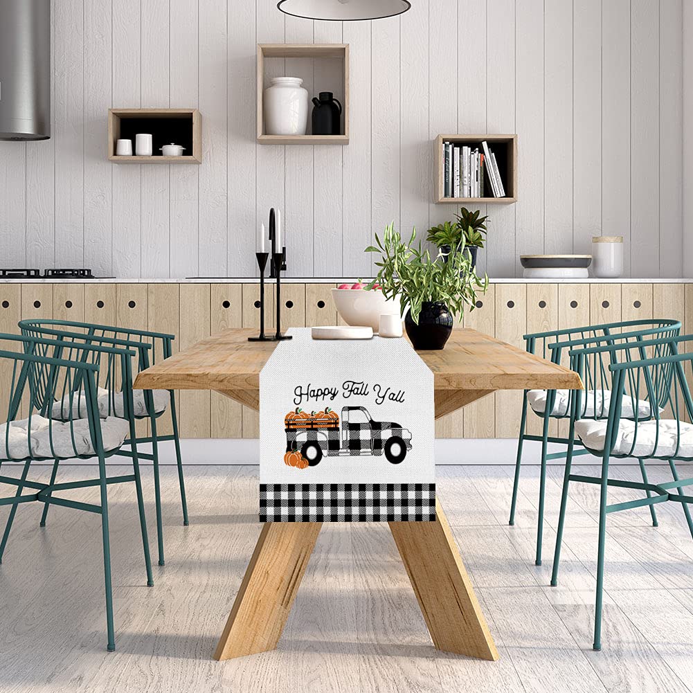 Fall Pumpkin Truck Table Runner, Seasonal Autumn Buffalo Plaid Pumpkin Holiday Kitchen Dining Table Decoration For Home Party De